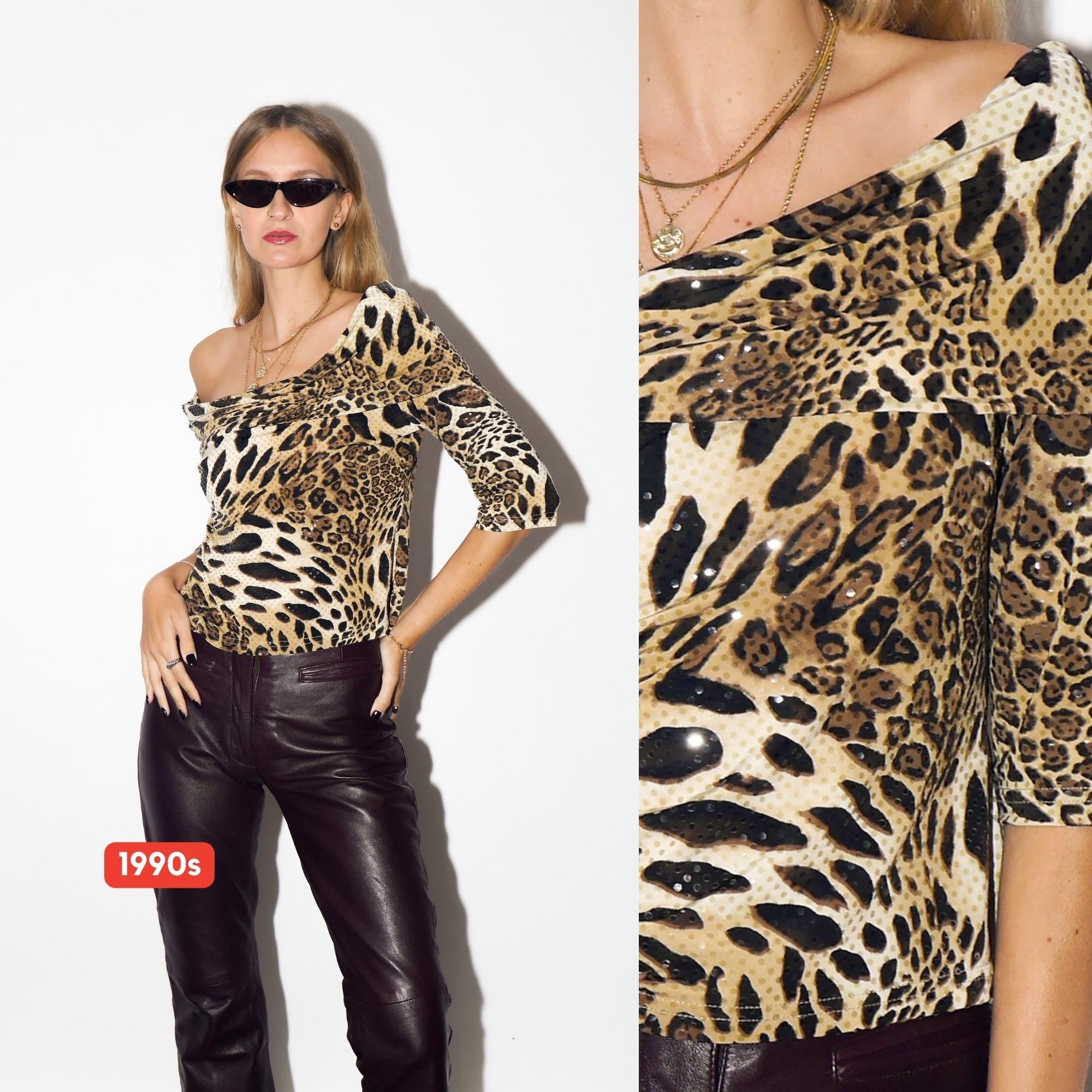 VINTAGE Animal Print Blouse From 1990s With Shiny Dot Details And Folded Collar By Molly Jo