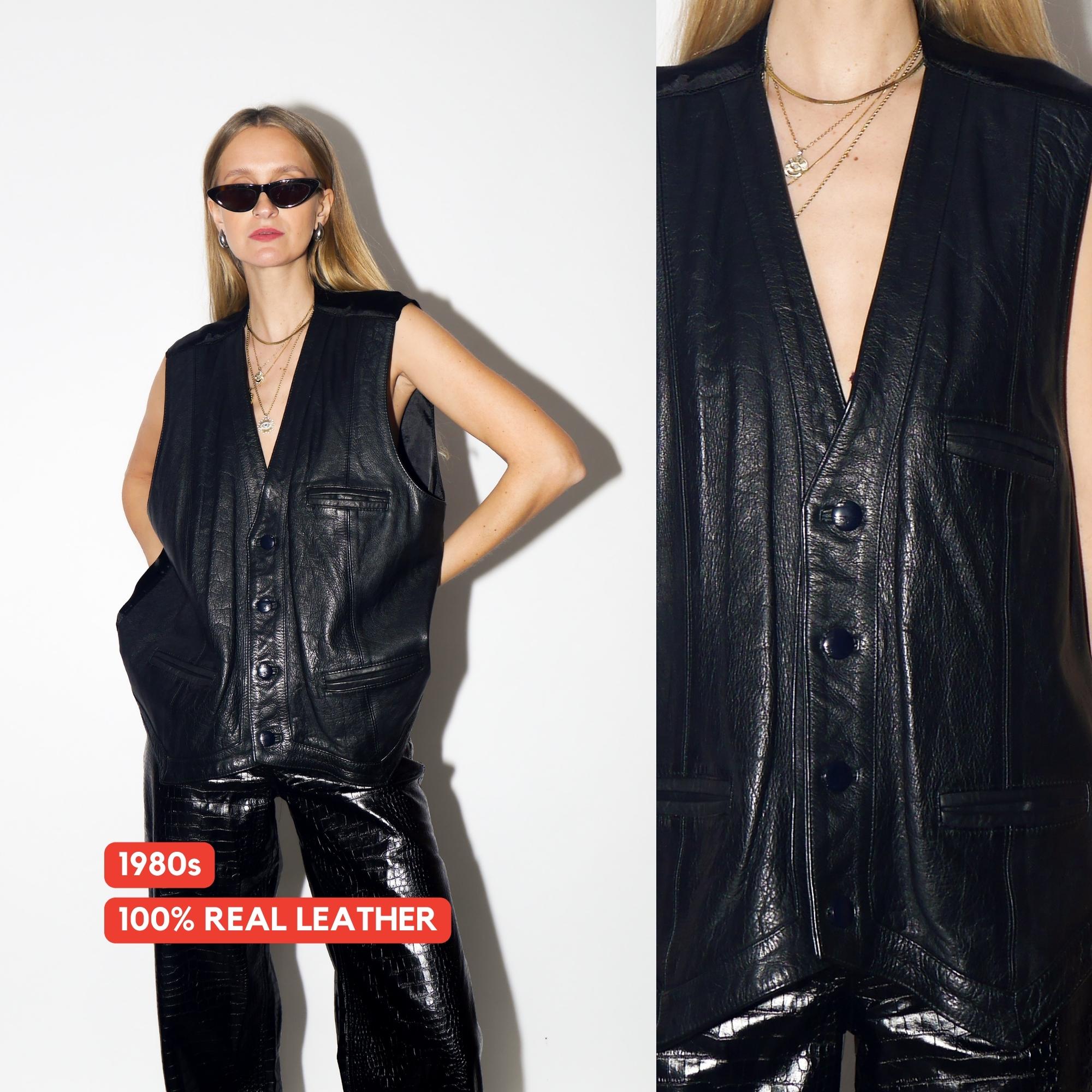 VINTAGE Black Leather Vest From The 1980s With Decorative Buttons By Three&M