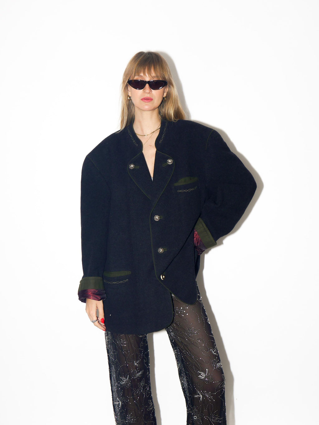 VINTAGE Dark Grey Cashmere Blend Folk Blazer With Green Embroidery From The 1980s