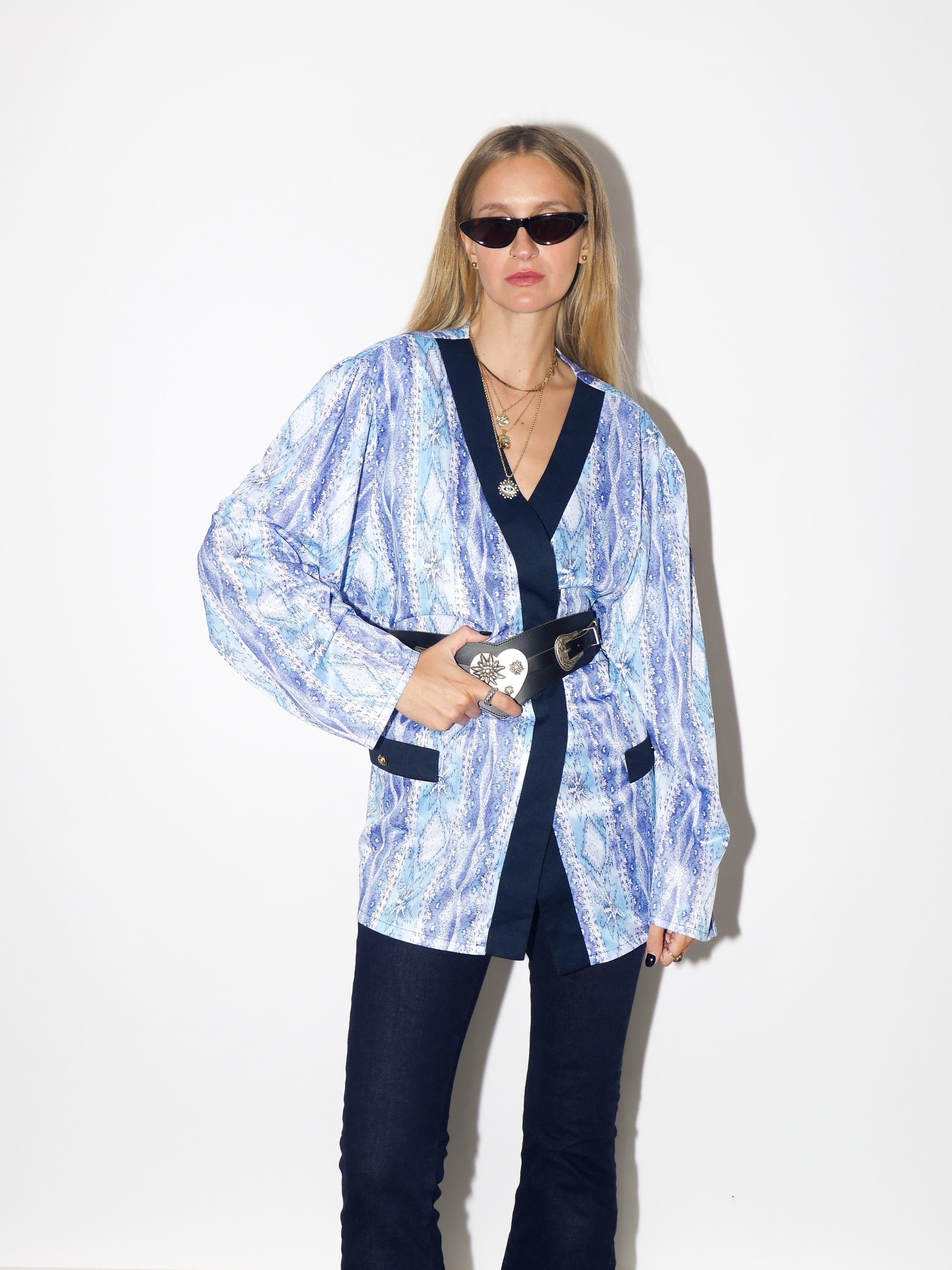 VINTAGE Navy Abstract Print Blazer From The 1980s With Navy Trim