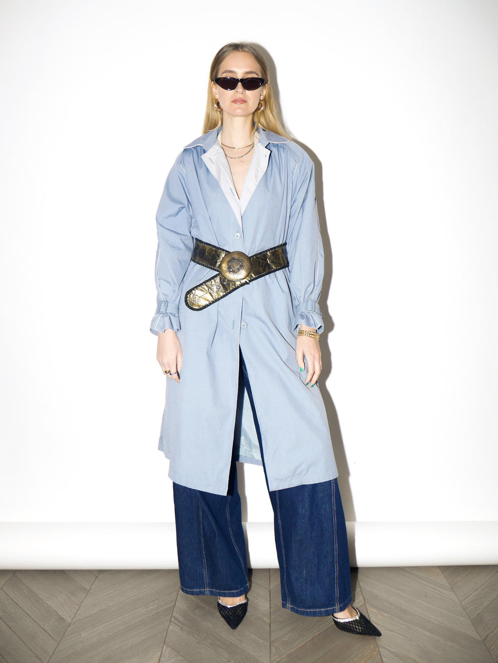 VINTAGE Baby Blue Trench Coat from 1980s | Midi Blue Cotton Trench Coat