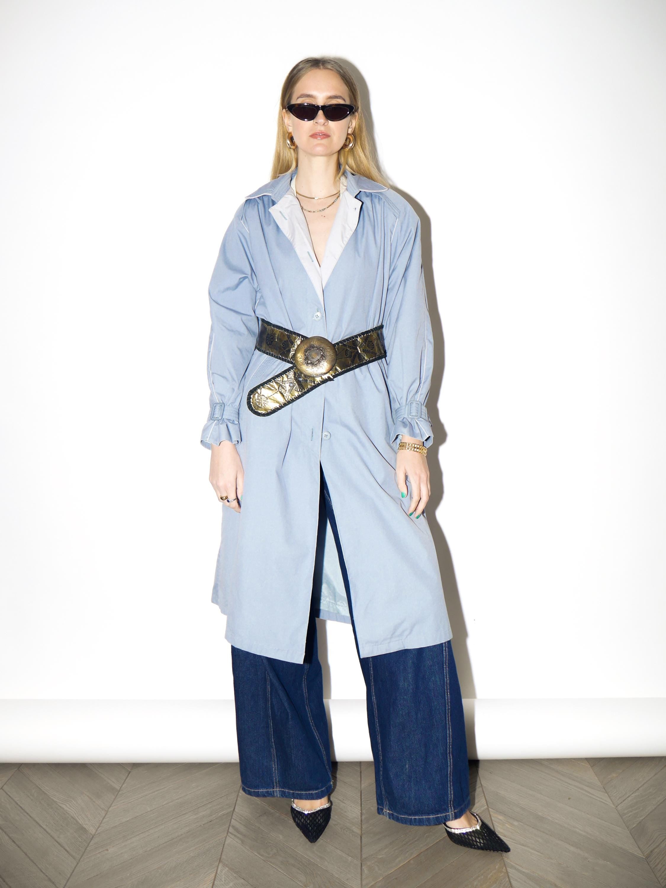 VINTAGE Baby Blue Trench Coat from 1980s | Midi Blue Cotton Trench Coat