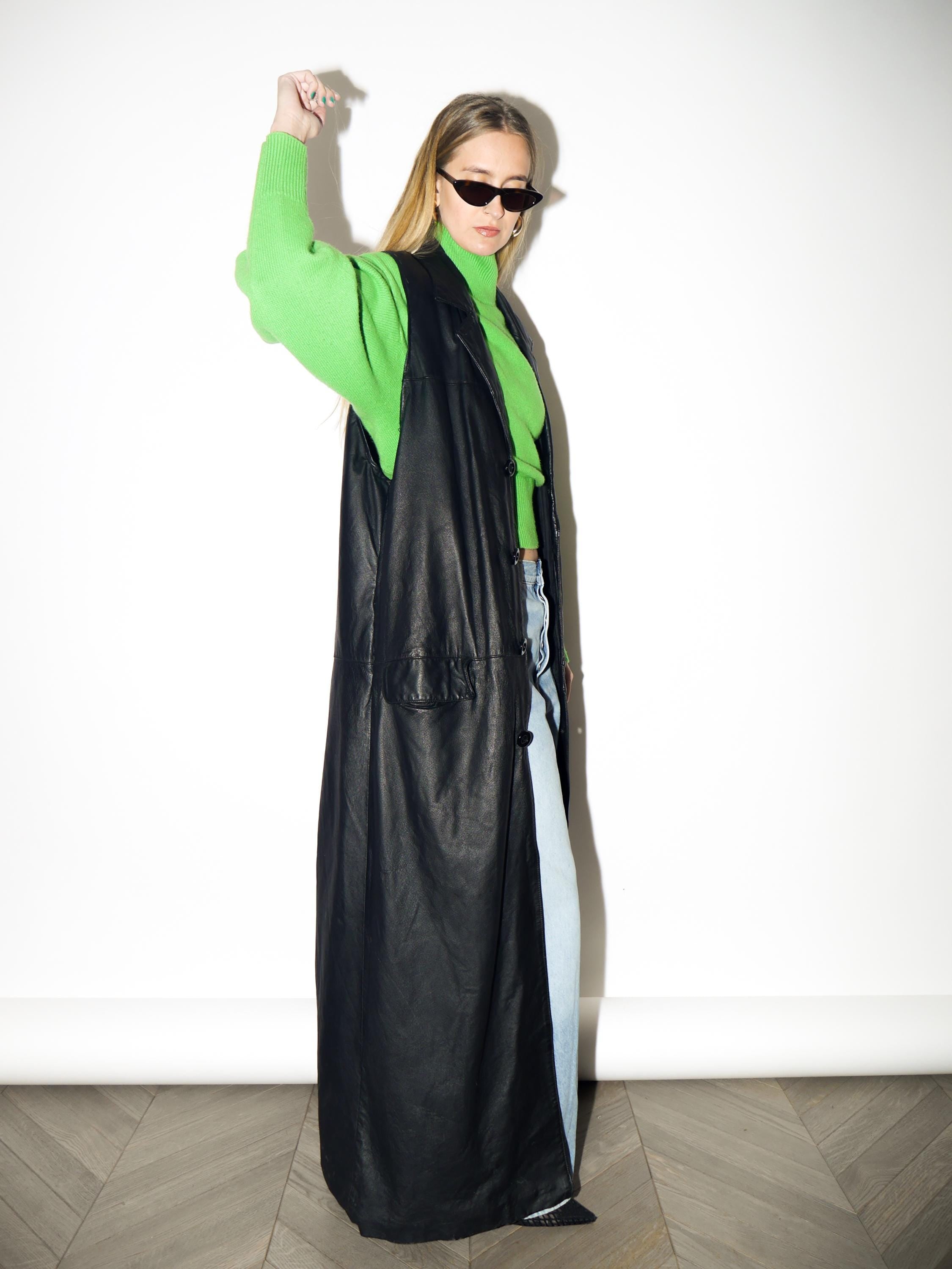 VINTAGE Black Maxi Leather Vest from 1980s | Matrix Style Long Leather Waistcoat