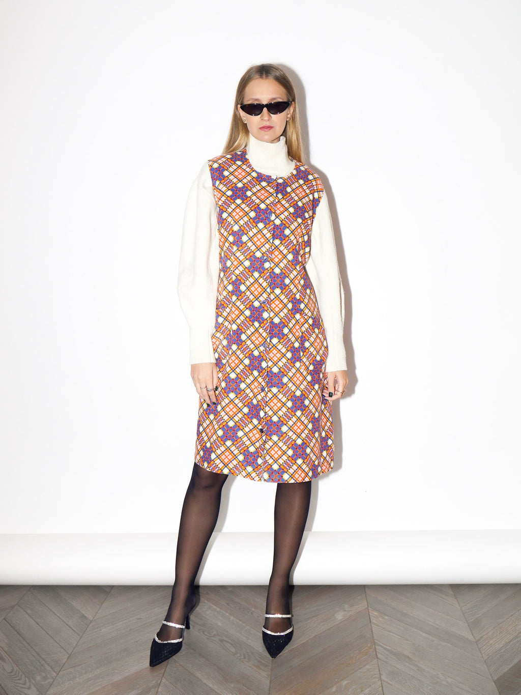 VINTAGE Orange And Beige Checked Cotton Sleeveless Dress From The 1980s By Miloty