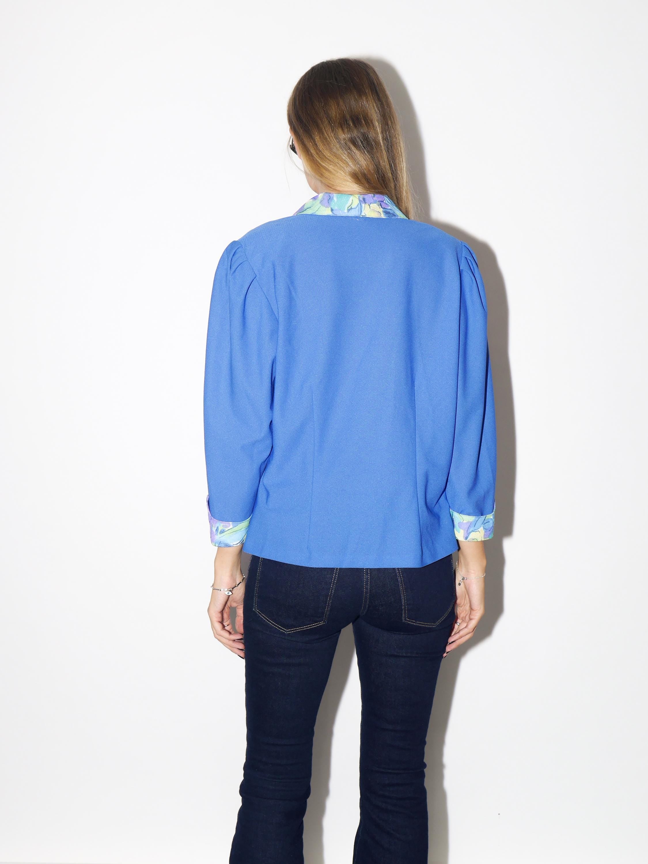 VINTAGE Electric Blue Blouse With Floral Cuffs And Collar And Edgy Sleeves From The 1980s