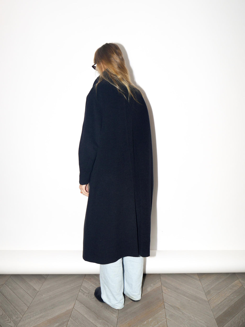 VINTAGE Black Wool And Angora Maxi Coat With Stand Collar From The 1980s By Marco Brunetti