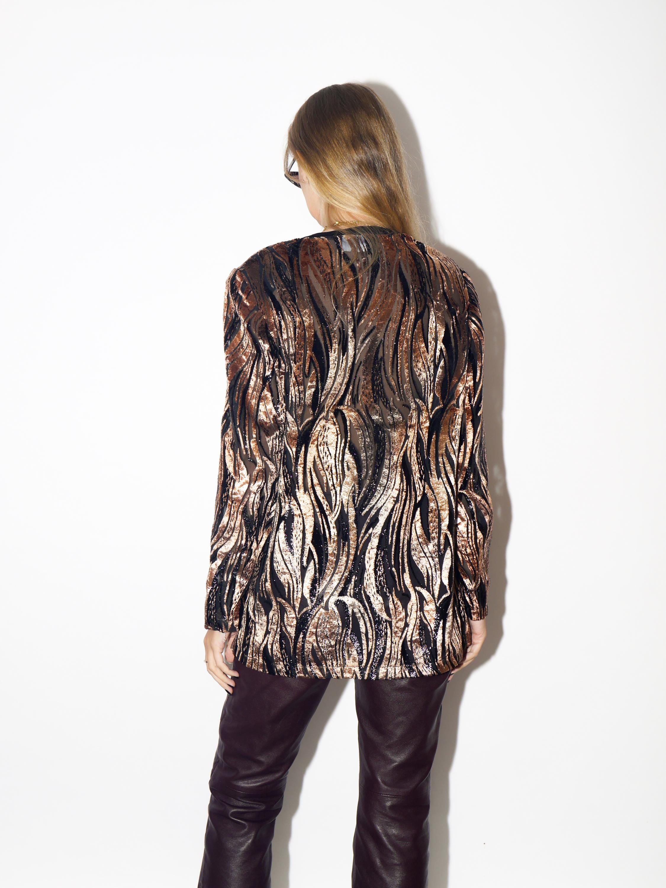 VINTAGE Black And Beige Zebra Print Long Sleeve Blouse From 1980s With Shoulder Pads By Delmod International