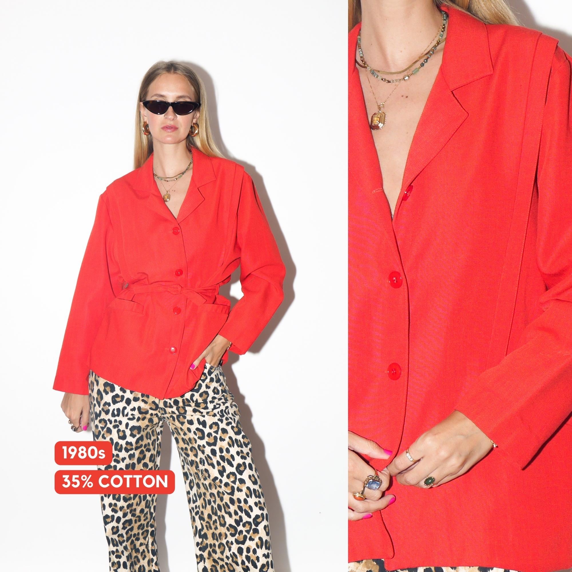 VINTAGE Cotton Raspberry Red Oversized Belted Blazer Jacket Made In Yugoslavia From The 1980s By ADD Collection