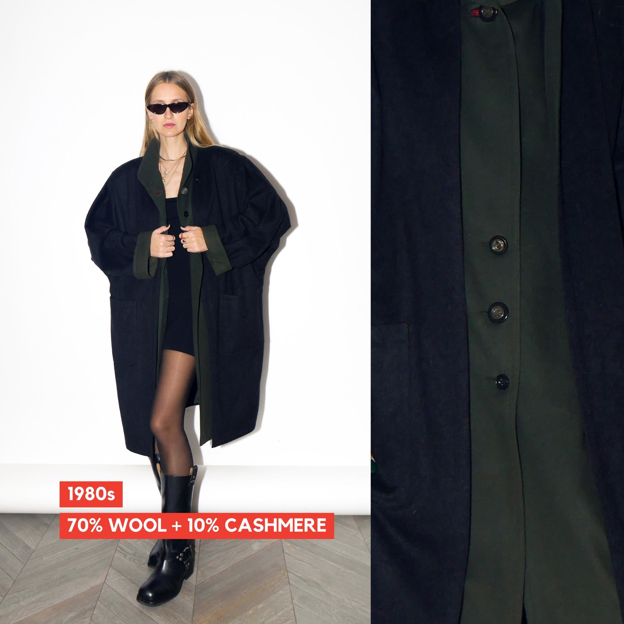 VINTAGE Dark Gray And Forest Green Wool Cashmere Oversized Coat From The 1980s