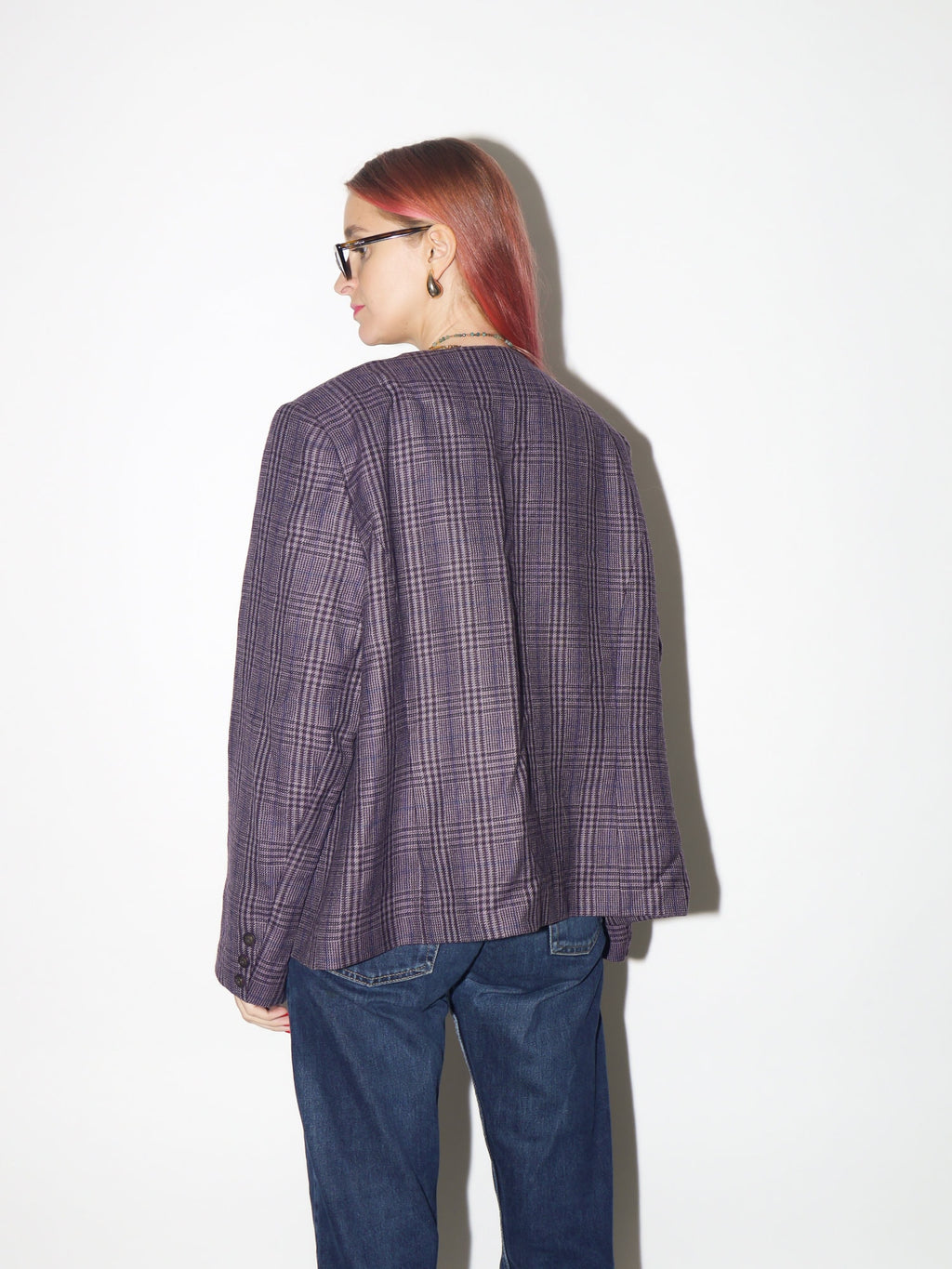 VINTAGE 100% pure new wool blazer 1980s by Equorian Heritage | purple pure new wool blazer | checkered vintage wool blazed