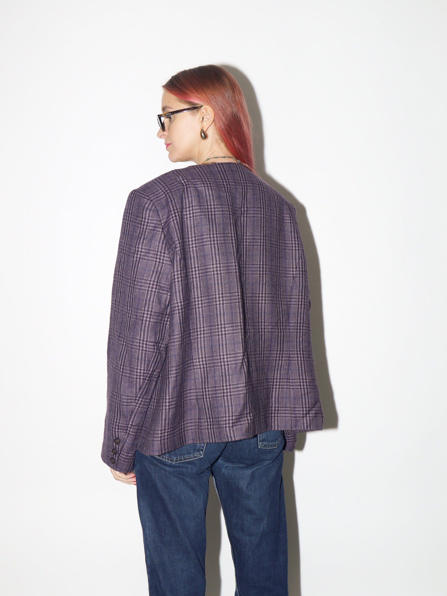 VINTAGE 100% pure new wool blazer 1980s by Equorian Heritage | purple pure new wool blazer | checkered vintage wool blazed