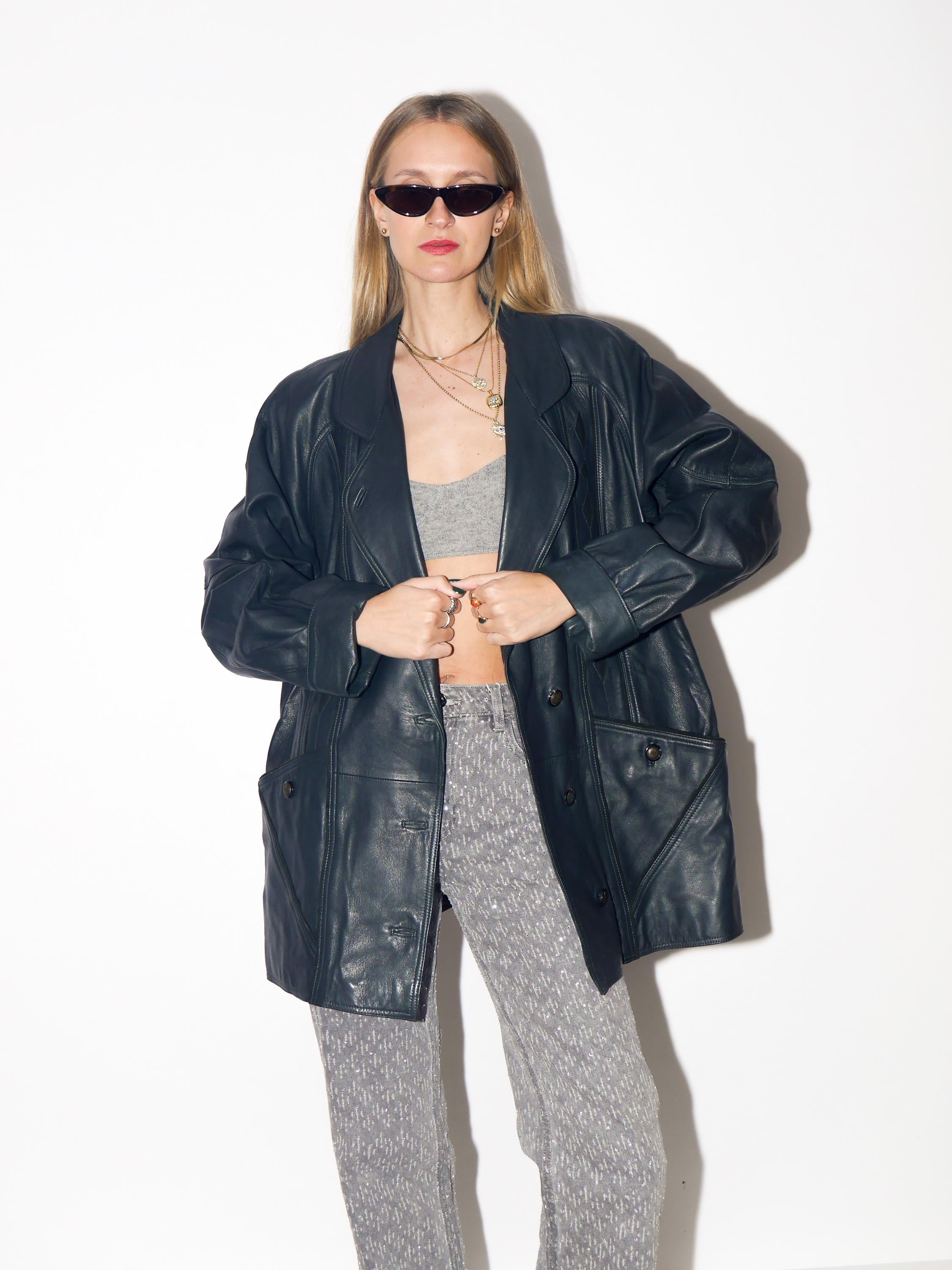 VINTAGE Dark Green Leather Jacket From The 1980s