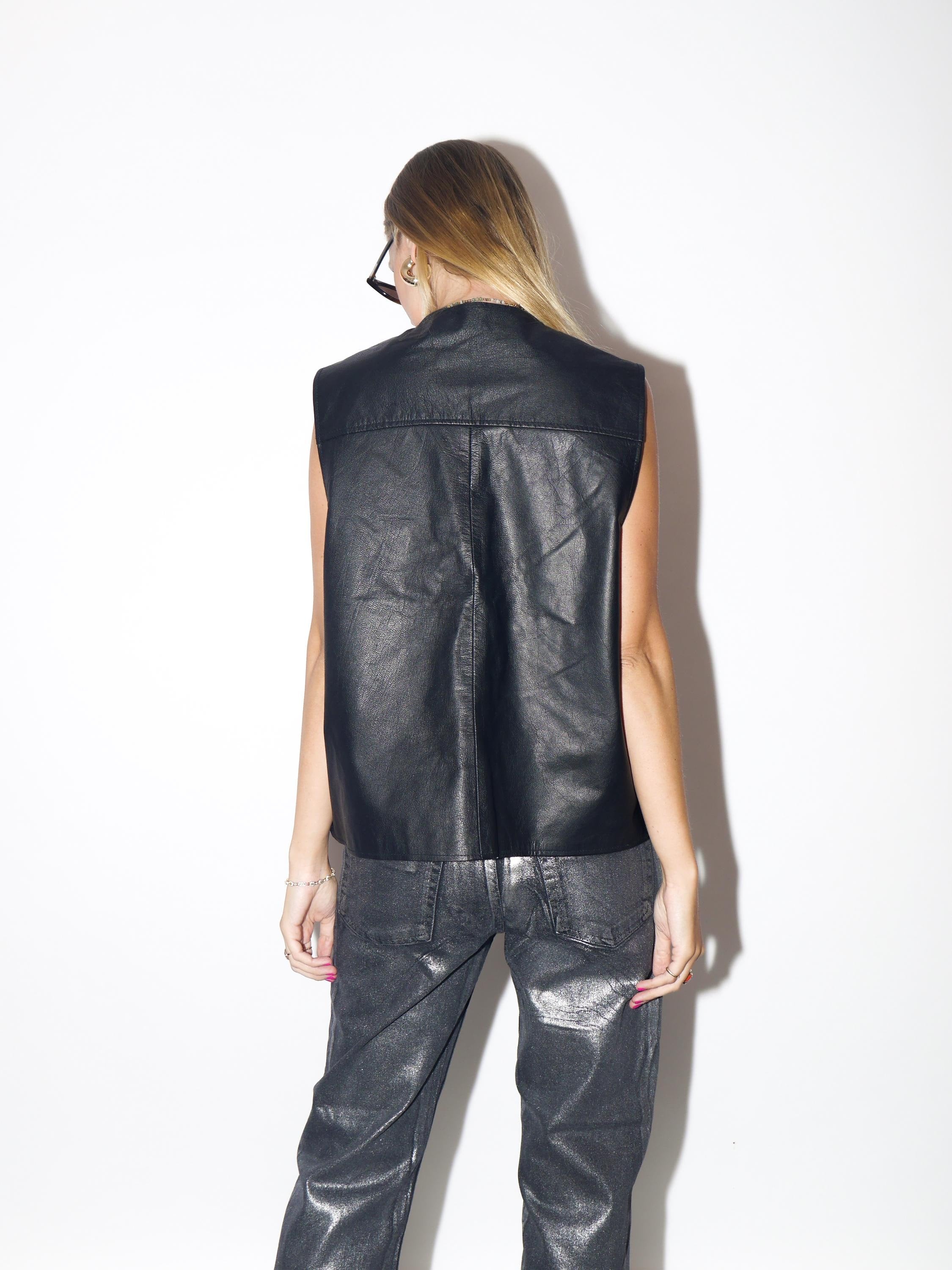 VINTAGE Black Leather Oversized Vest With Metal Buttons From The 1980s By Canada