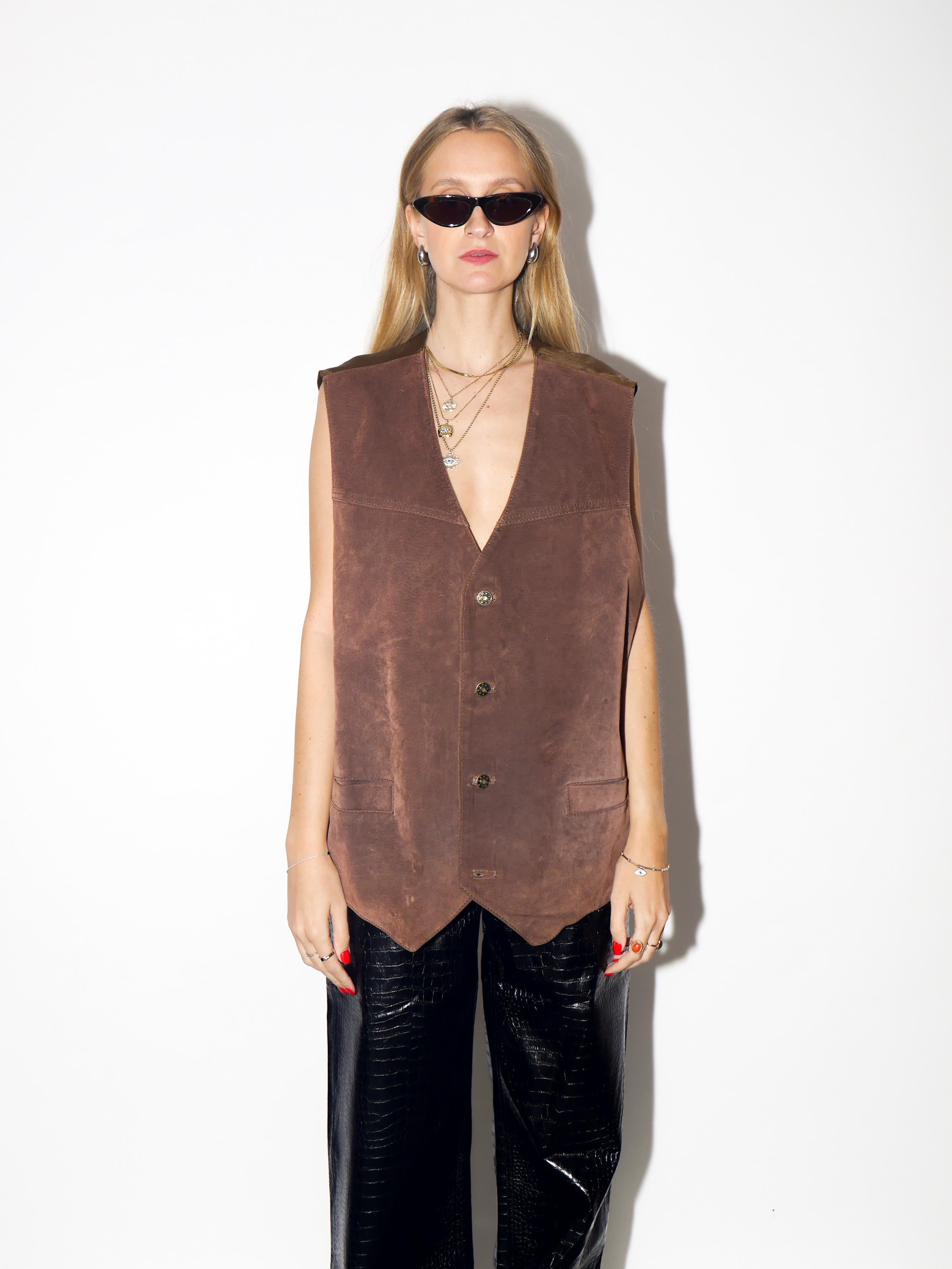 VINTAGE Brown Suede Leather Vest From The 1980s By John F. Gee Jeanswear