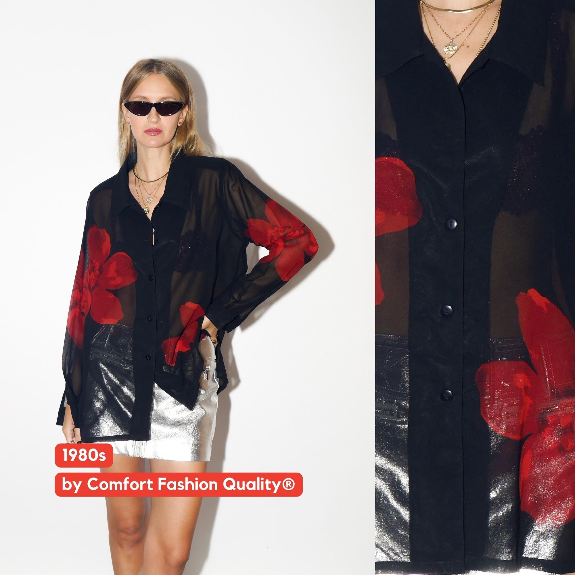 VINTAGE Black Sheer Blouse With Red Floral Print From 1980s With Shoulder Pads By Comfort Fashion Quality