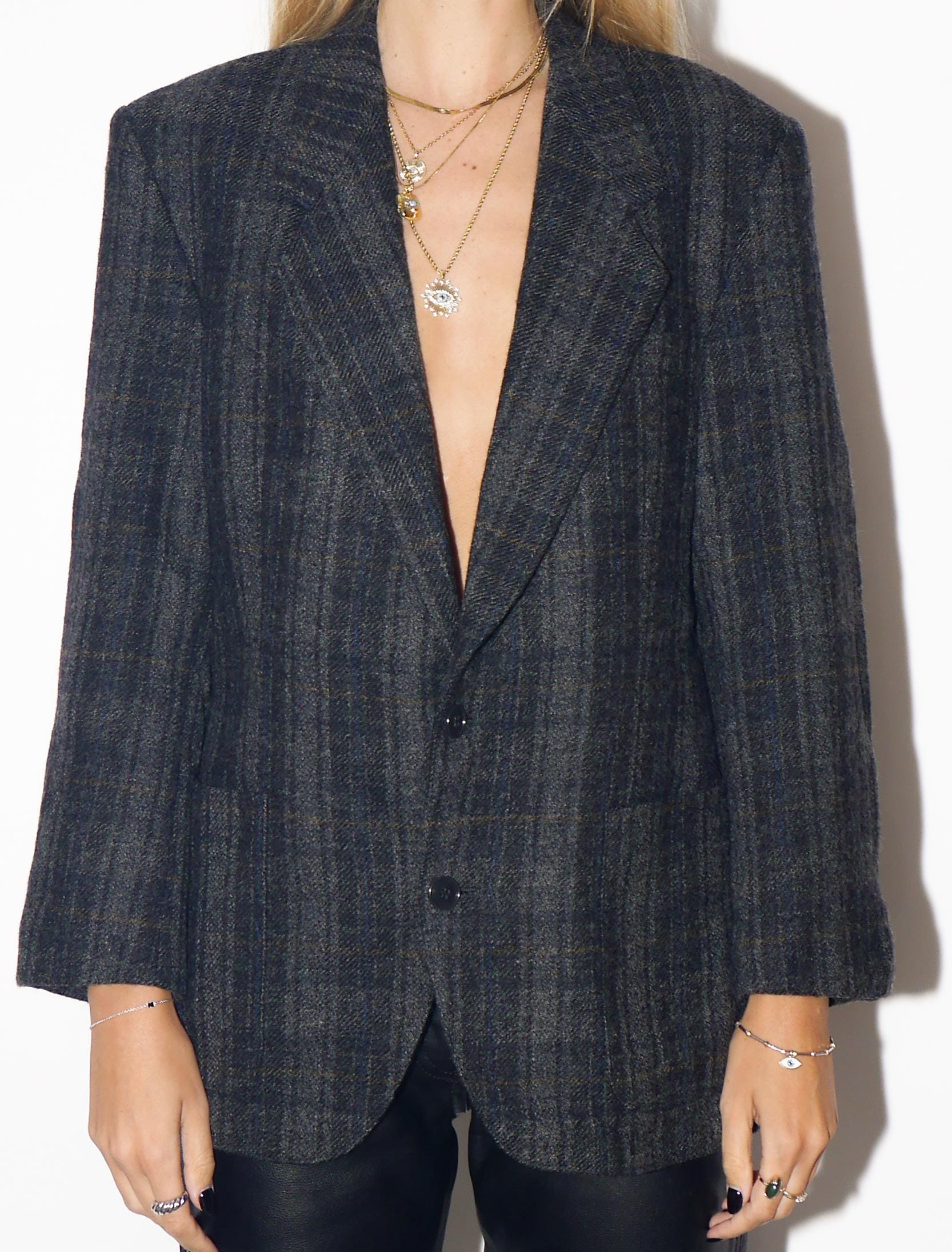 VINTAGE Black And Grey Checked Wool Blazer From The 1980s Made In Western Germany