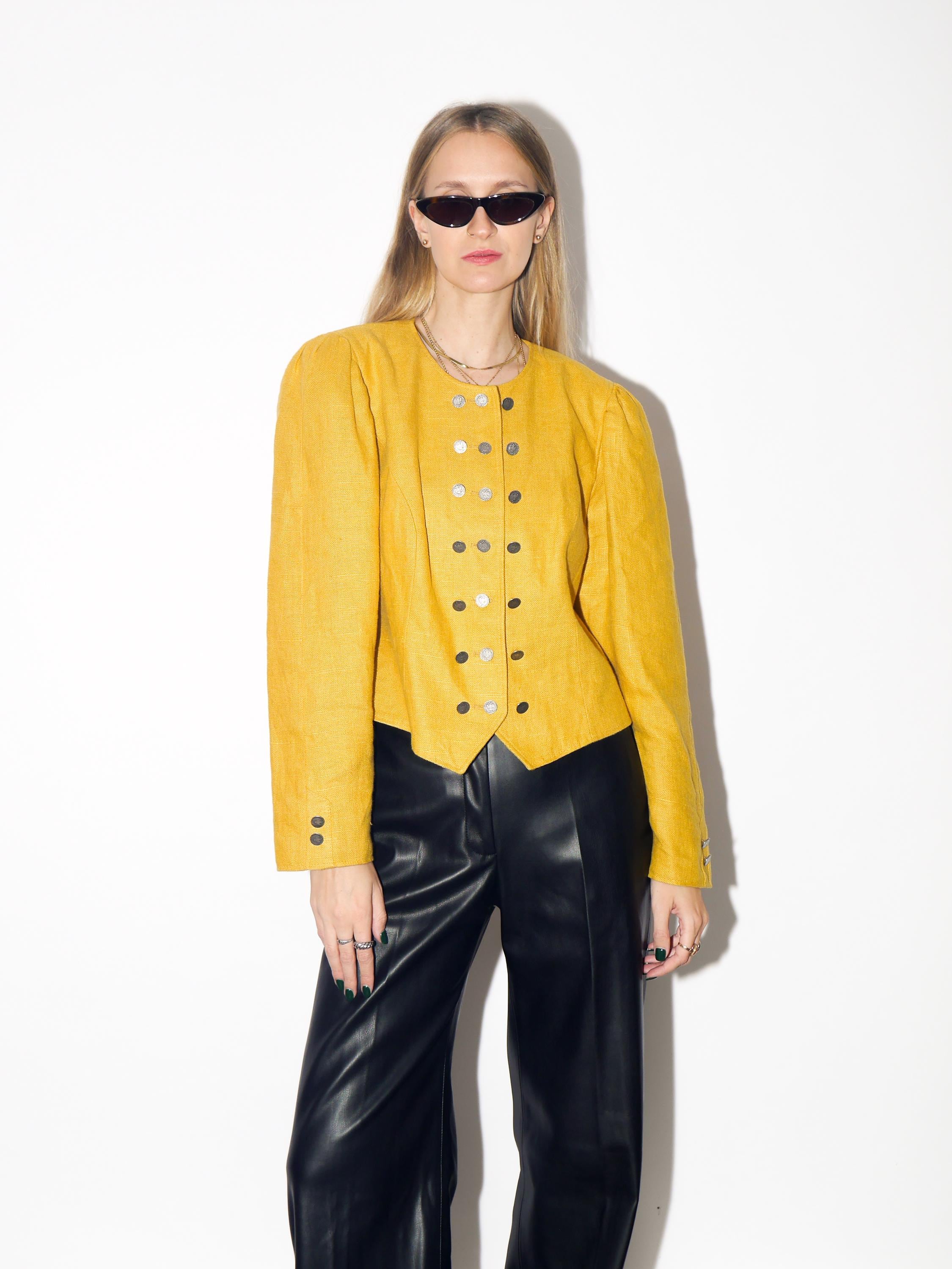 VINTAGE Yellow Cropped Linen Jacquard Blazer From The 1980s By Original Salzburger Tracht