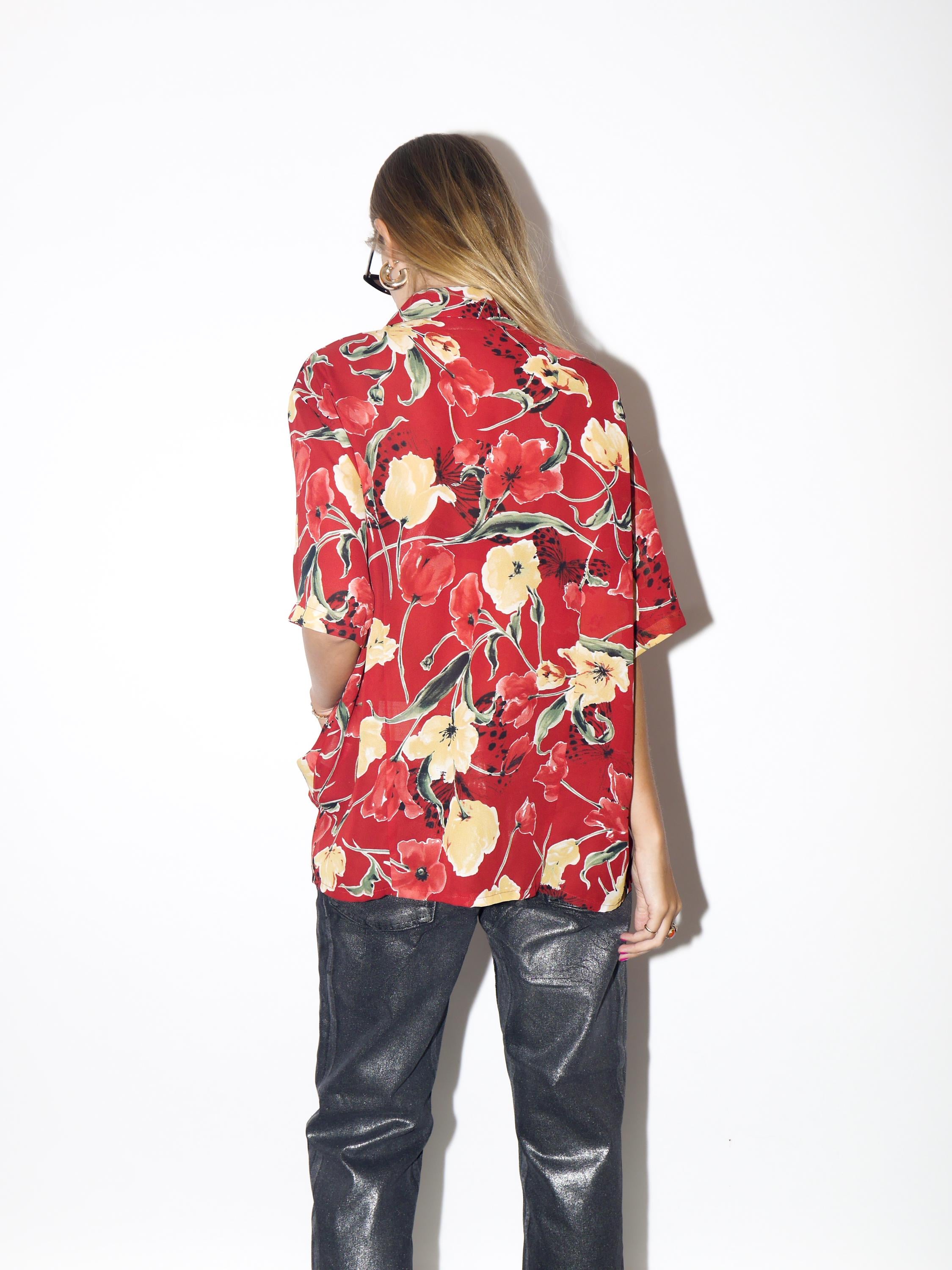VINTAGE Red And Yellow Tulip Floral Sheer Short Sleeve Shirt Blouse From The 1990s By Basler
