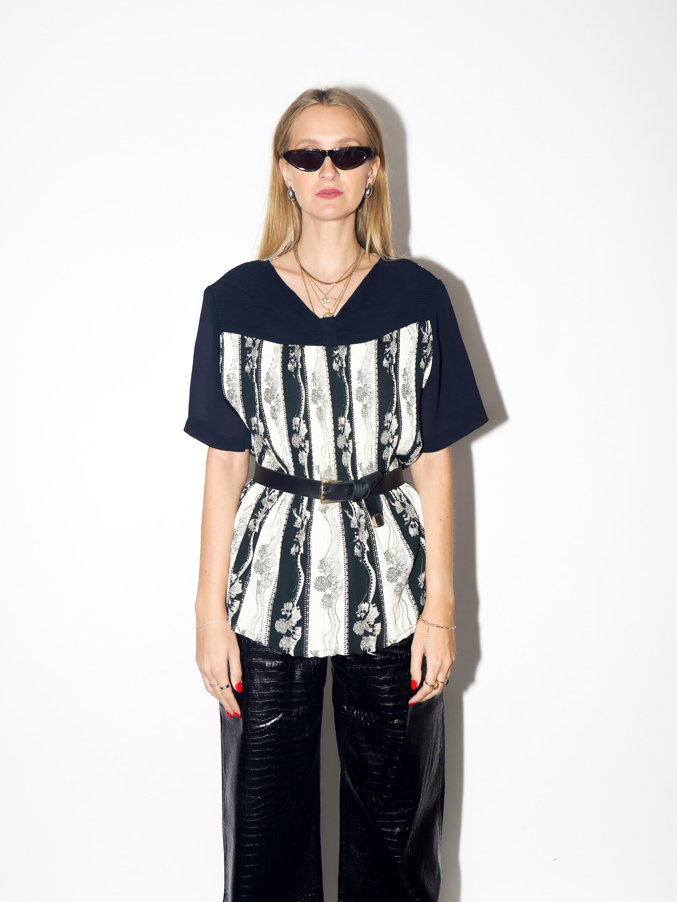 VINTAGE Black And White Pleated Floral Blouse From The 1980s By Options Fashion