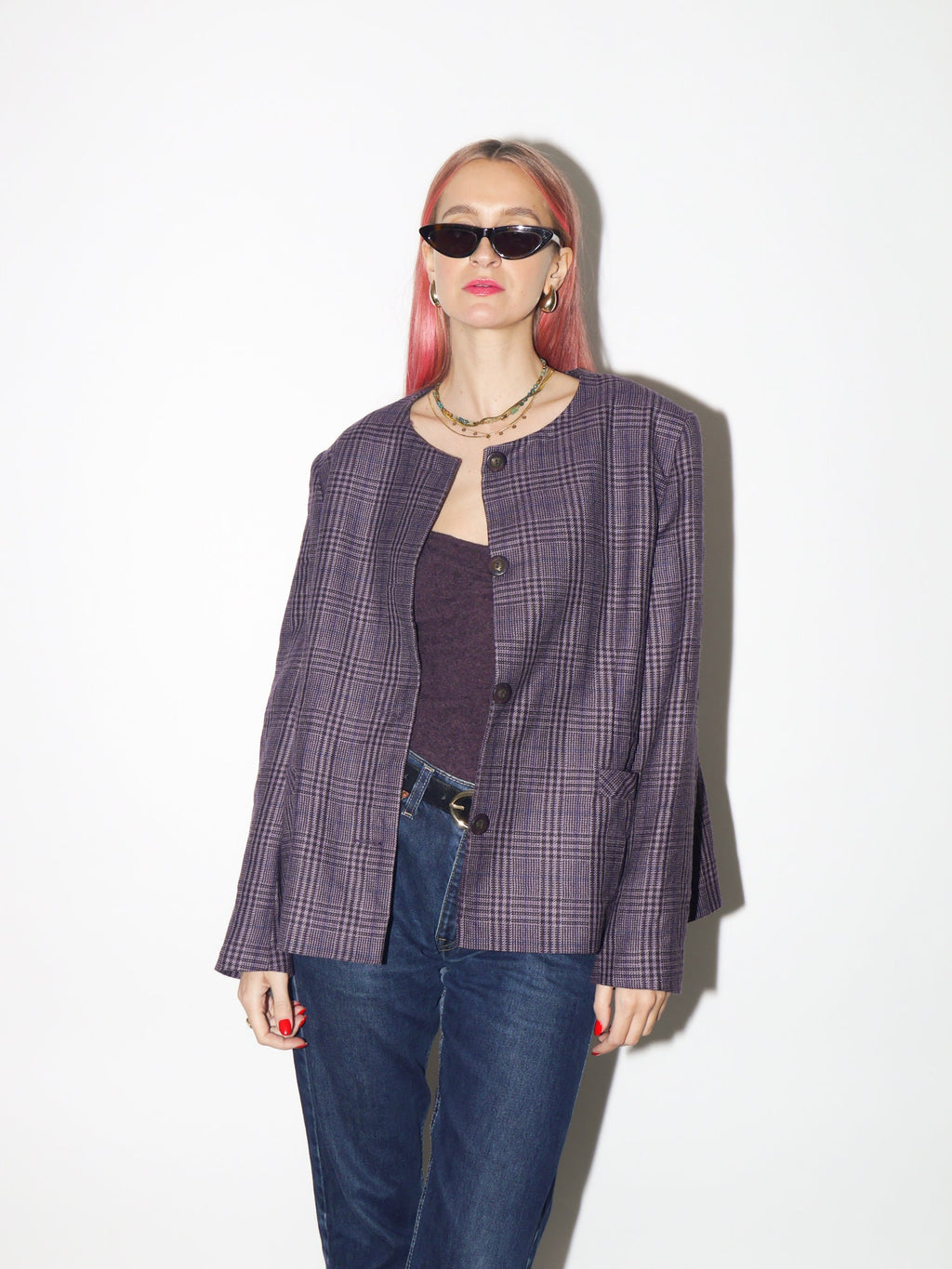 VINTAGE 100% pure new wool blazer 1980s by Equorian Heritage | purple pure new wool blazer | checkered vintage wool blazed