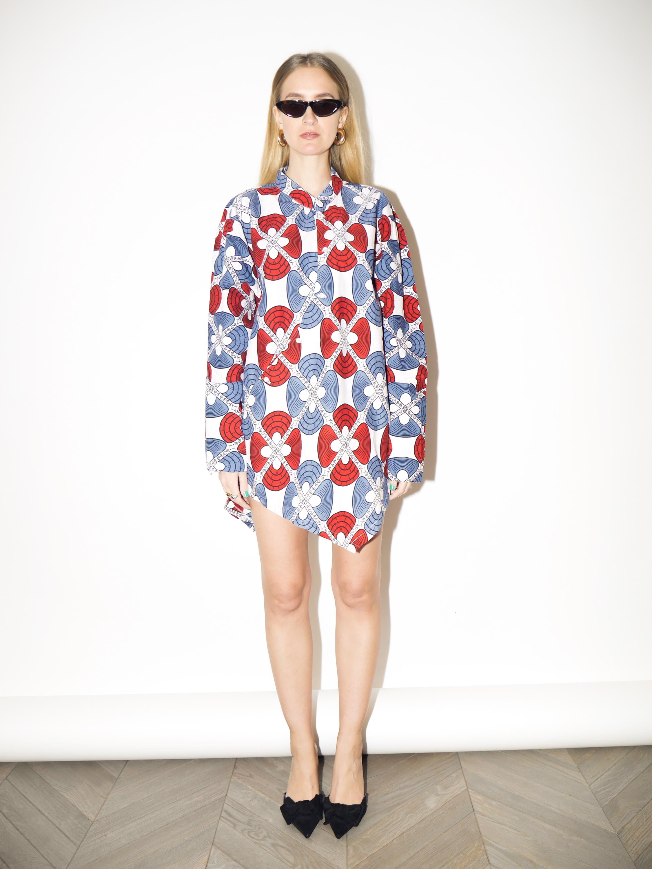 VINTAGE Mini Shirt Dress from 1980s in White Red Blue | Oversized Cotton Dress