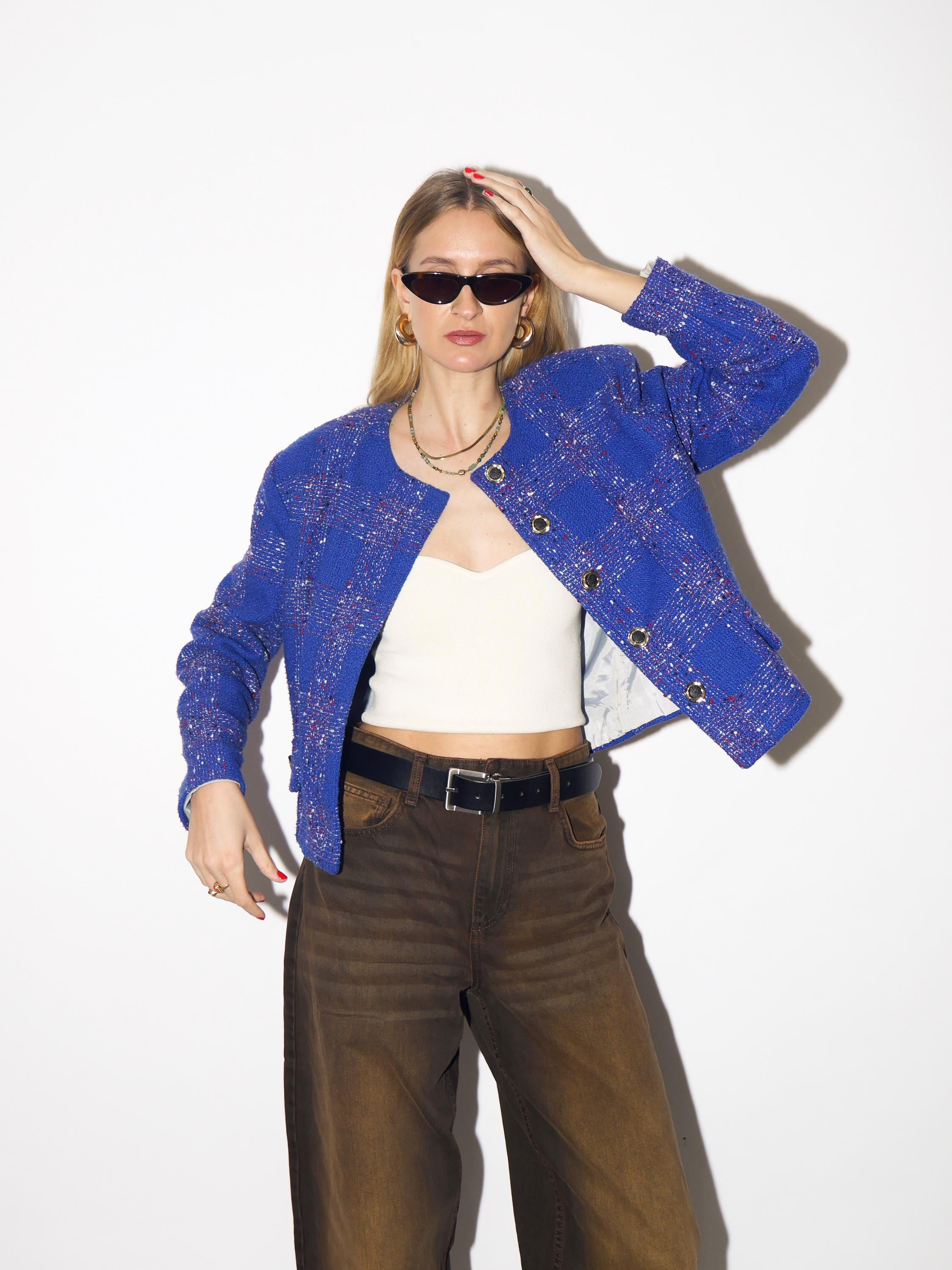 VINTAGE tweed blazer in cobalt blue, short blazer from 1980s by Catherine®