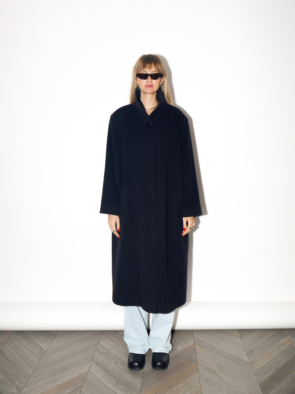 VINTAGE Black Wool And Angora Maxi Coat With Stand Collar From The 1980s By Marco Brunetti