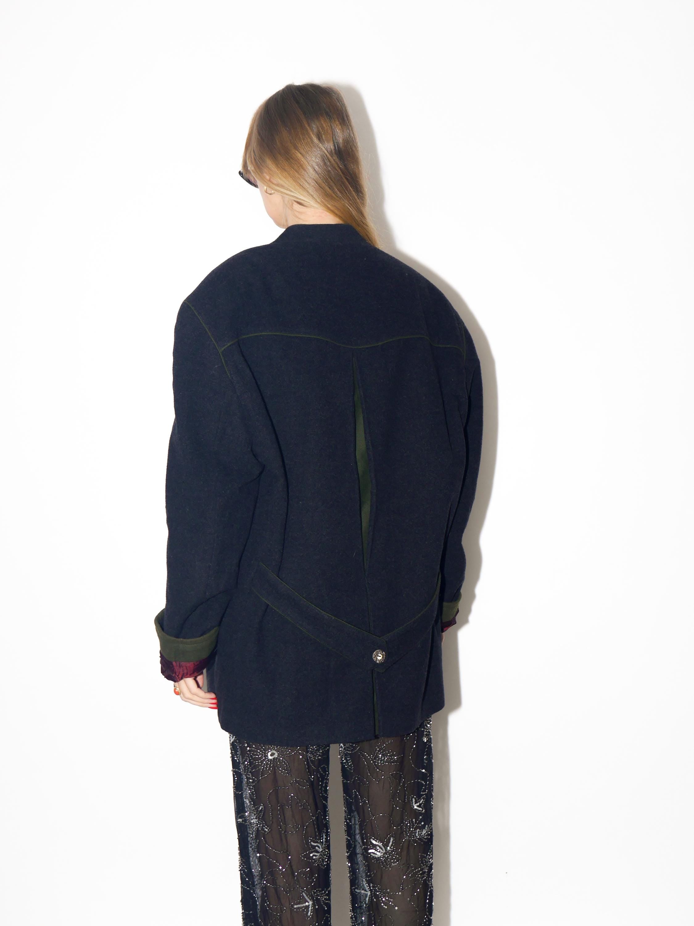 VINTAGE Dark Grey Cashmere Blend Folk Blazer With Green Embroidery From The 1980s