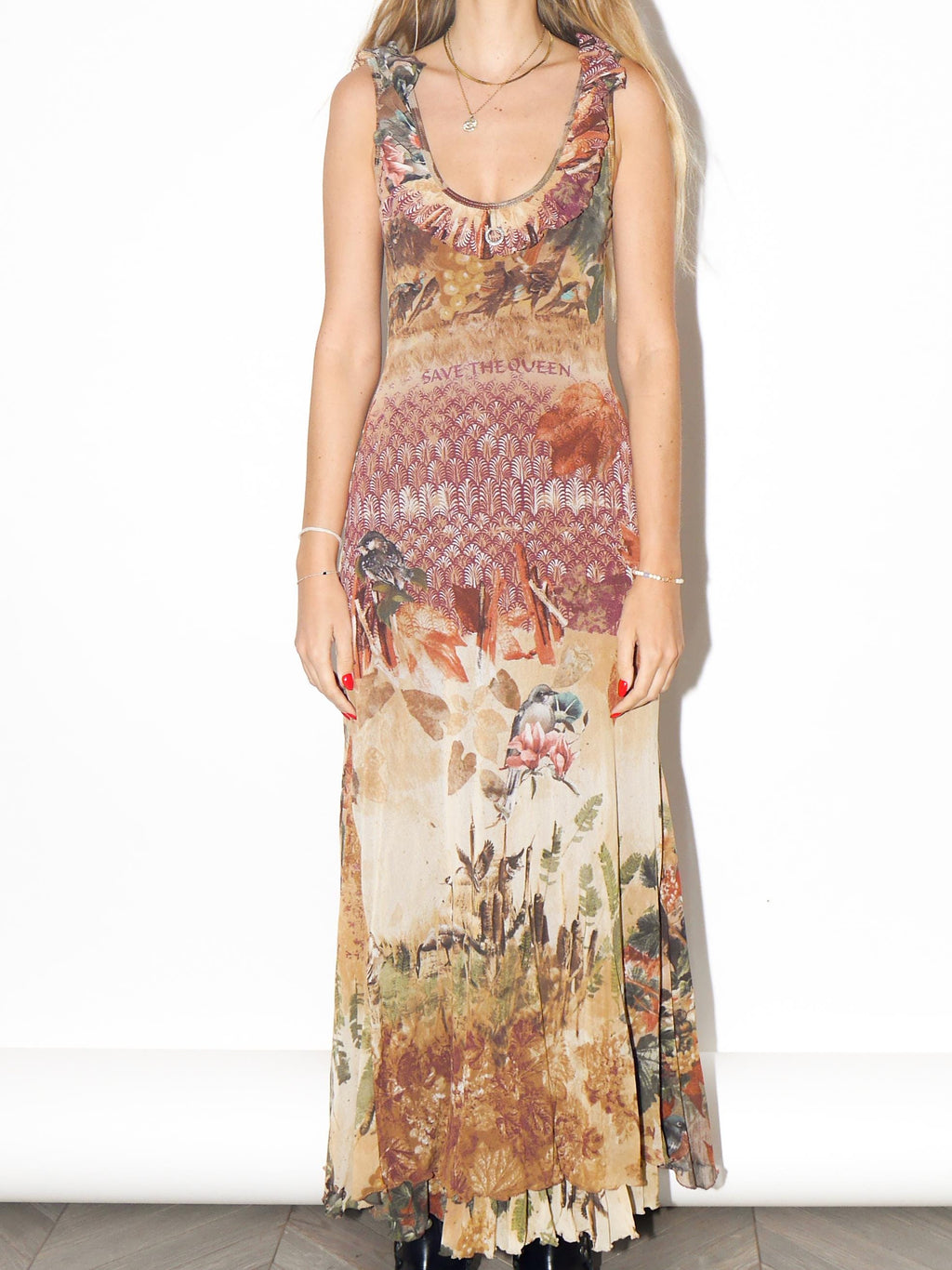 VINTAGE Autumn Print Nylon Maxi Dress With Ruffles From The 1990s By Save The Queen