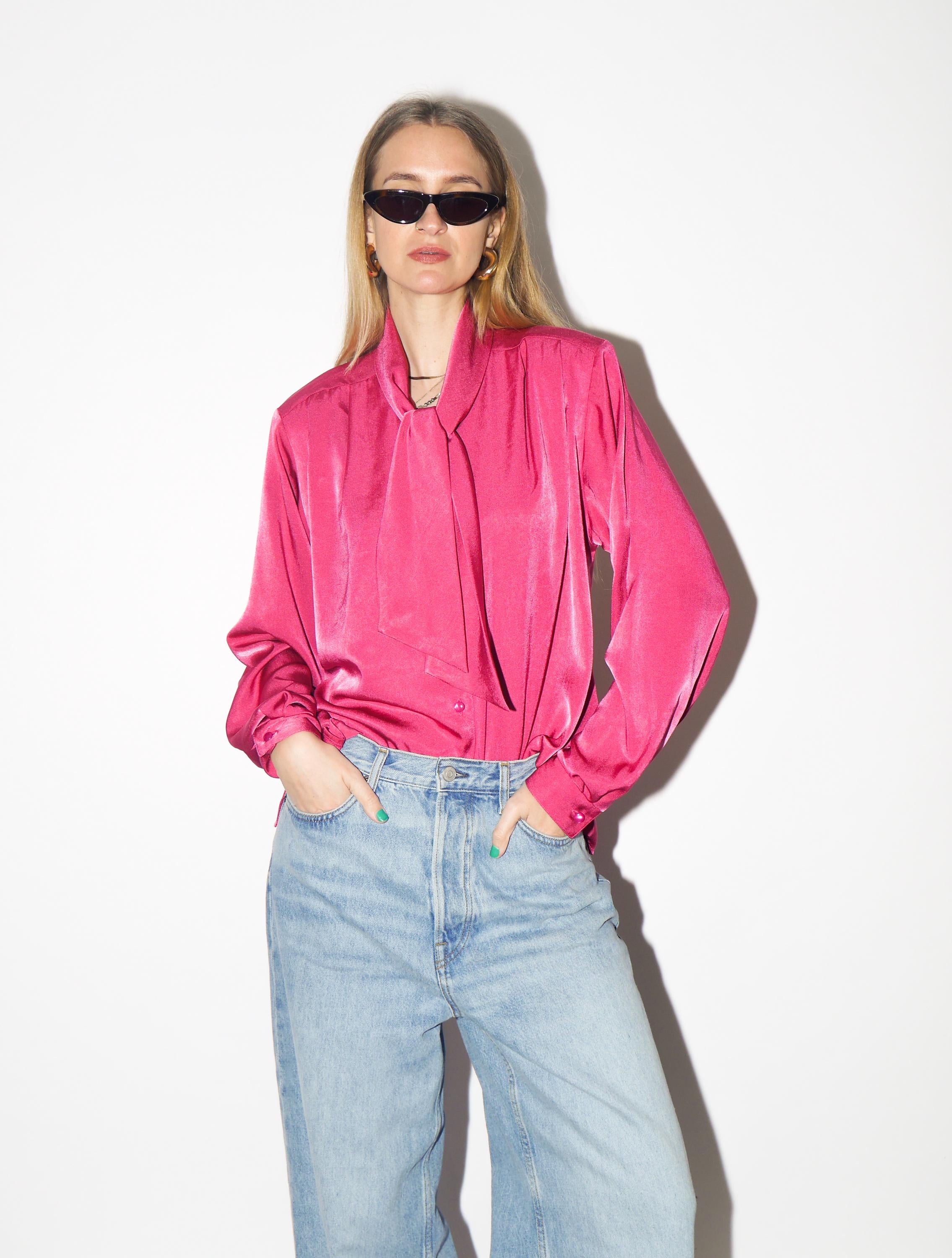 VINTAGE Pink Blouse from 1980s | Deep Pink Shiny Oversize Shirt by Anne Sofie®