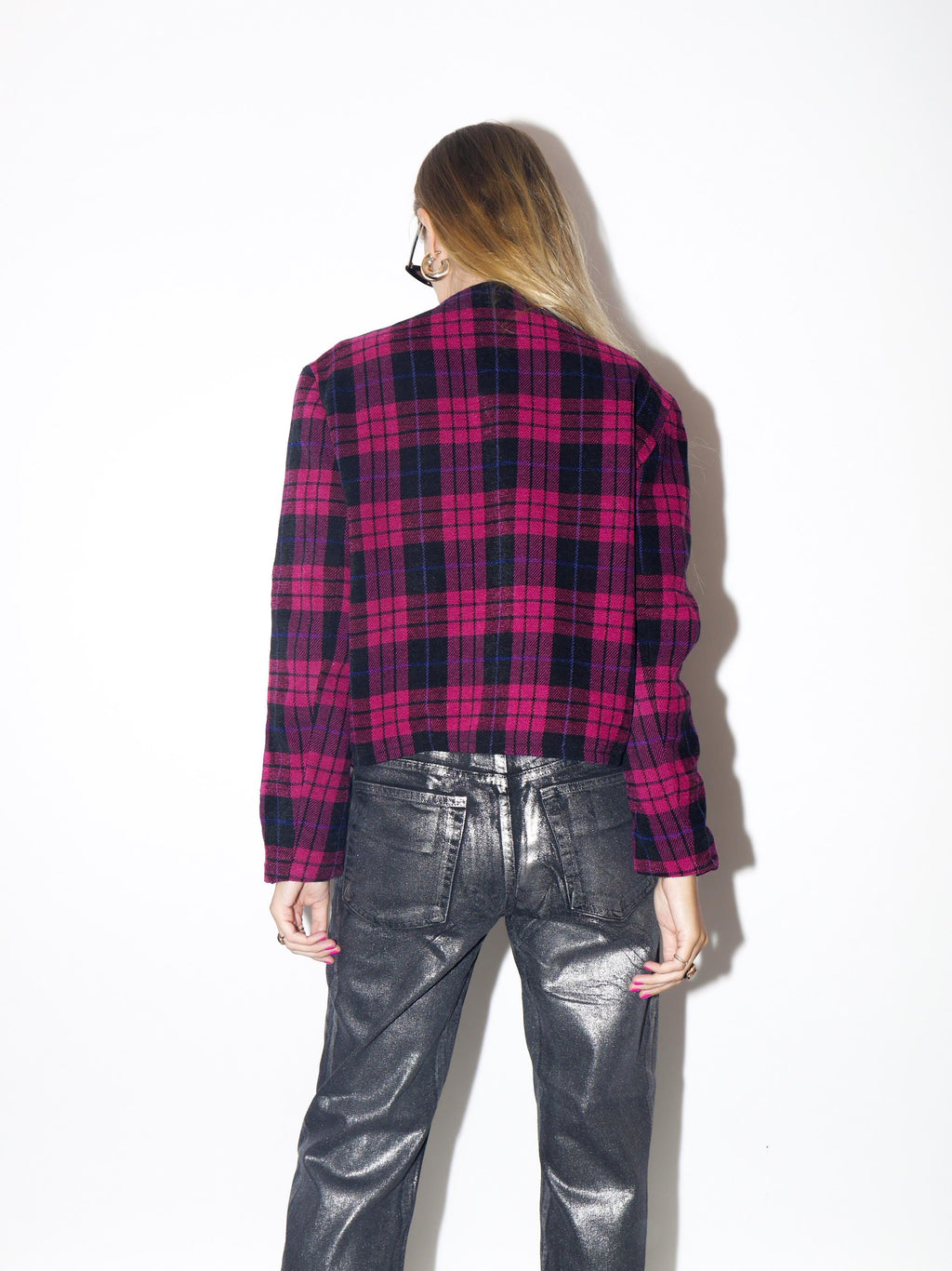 VINTAGE Wool Magenta And Black Checked Asymmetric Blazer With Shoulder Pads From The 1980s By City Design
