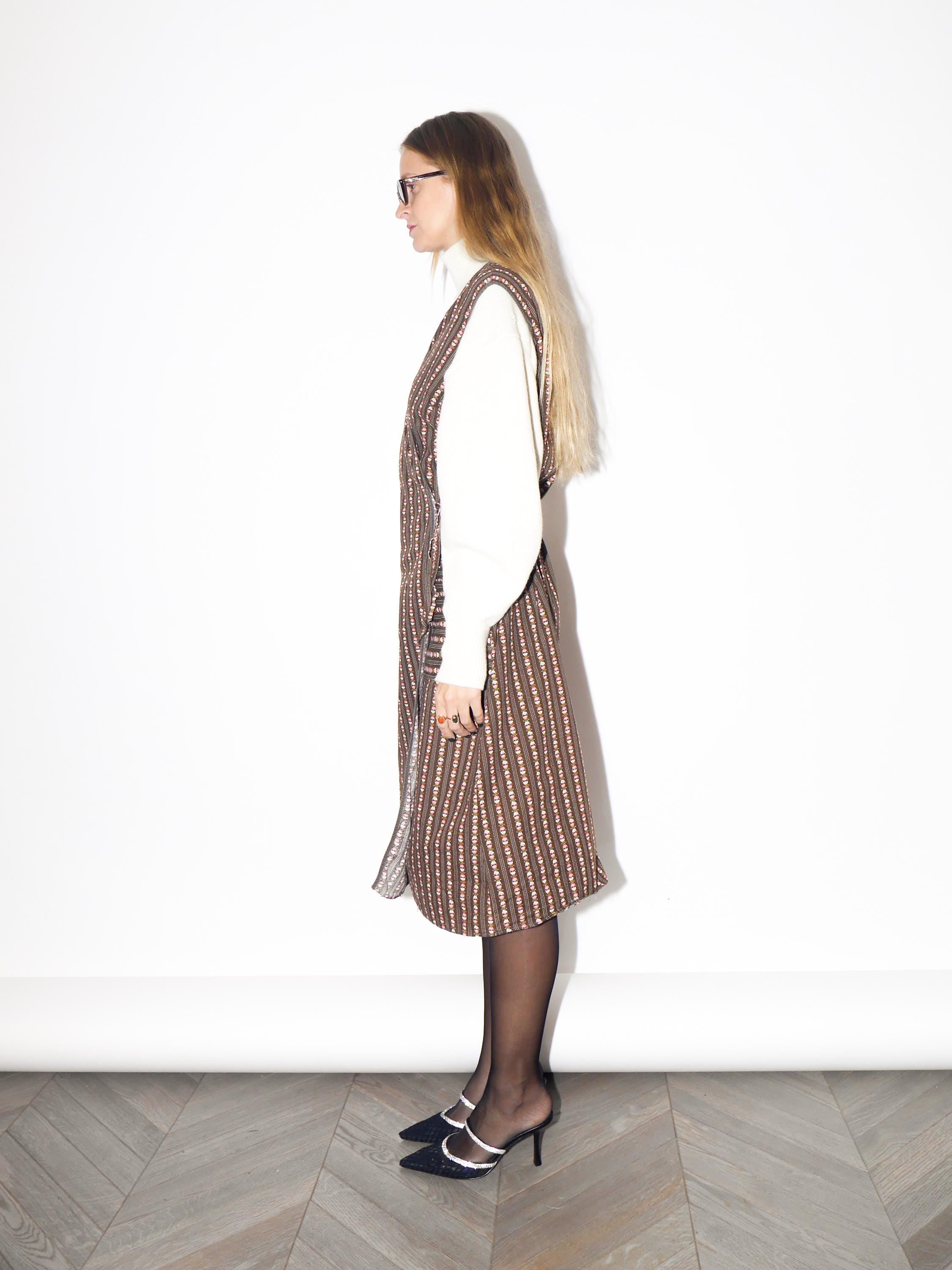 VINTAGE Brown Floral Cotton Sleeveless Midi Wrap Dress From The 1970s