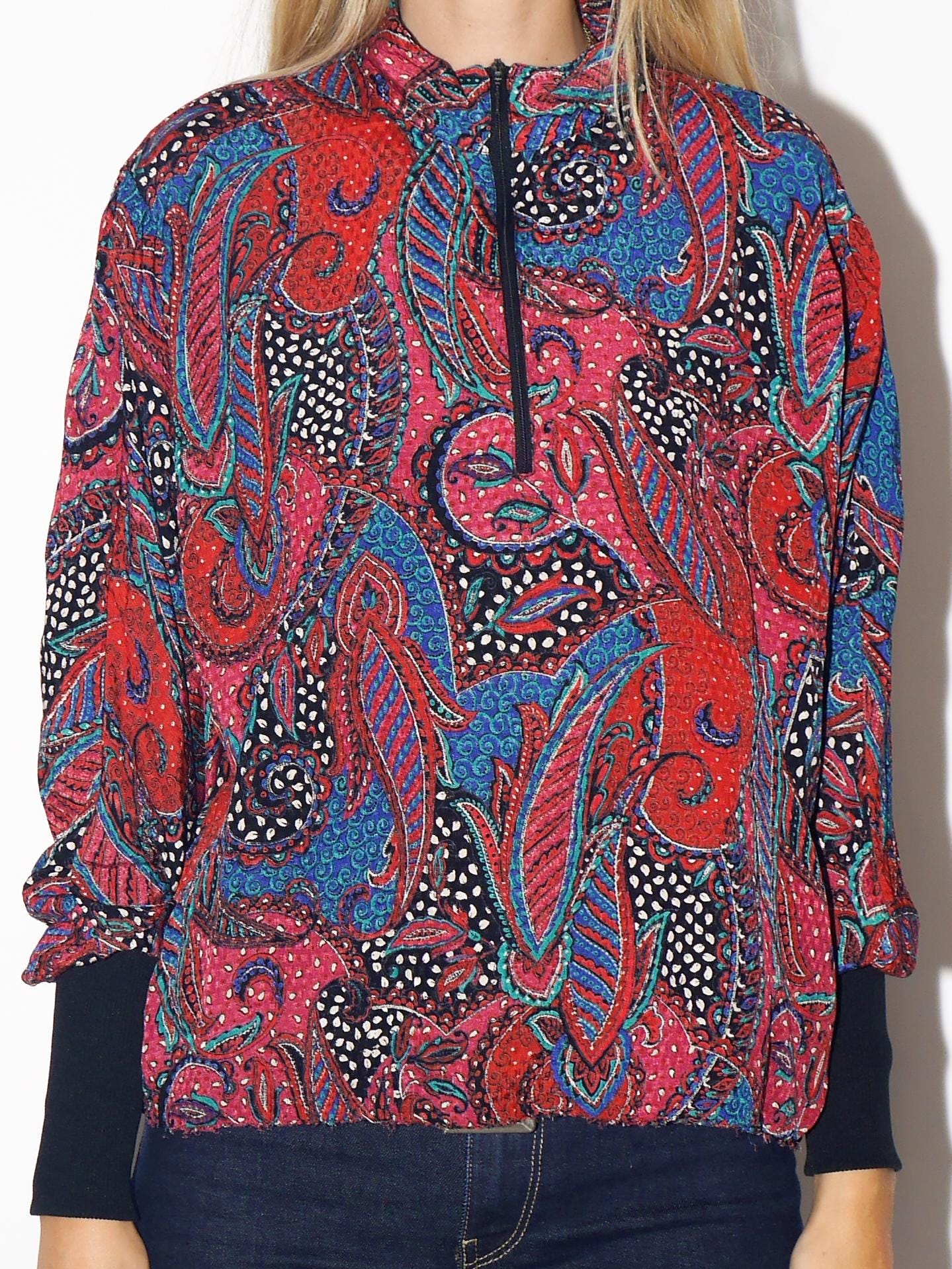 VINTAGE Red And Blue Paisley Half Zip Top With Stand-Up Collar From The 1980s By Kurt Kellermann