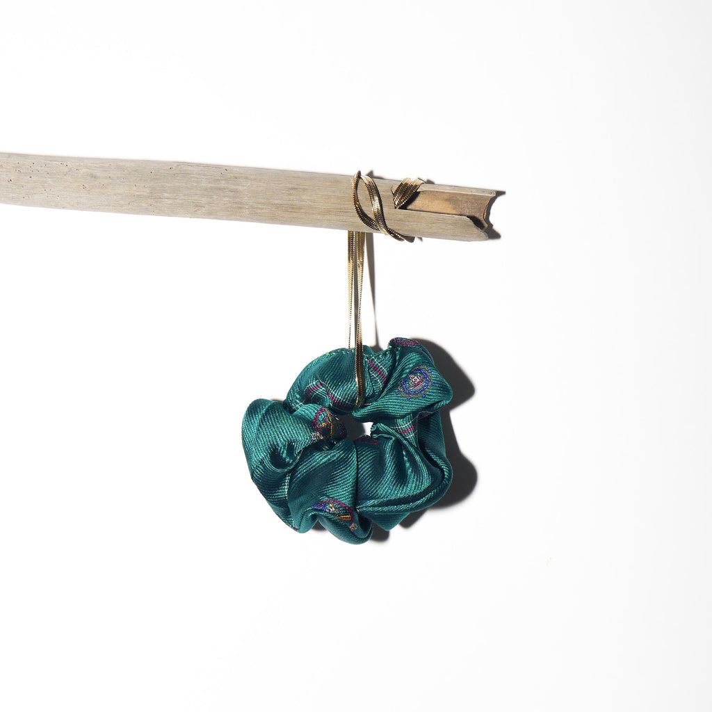 Handmade 100% Silk Scrunchie from Vintage 1980s Tie by MODOPOL - Green in Red Stripes by Van Gils