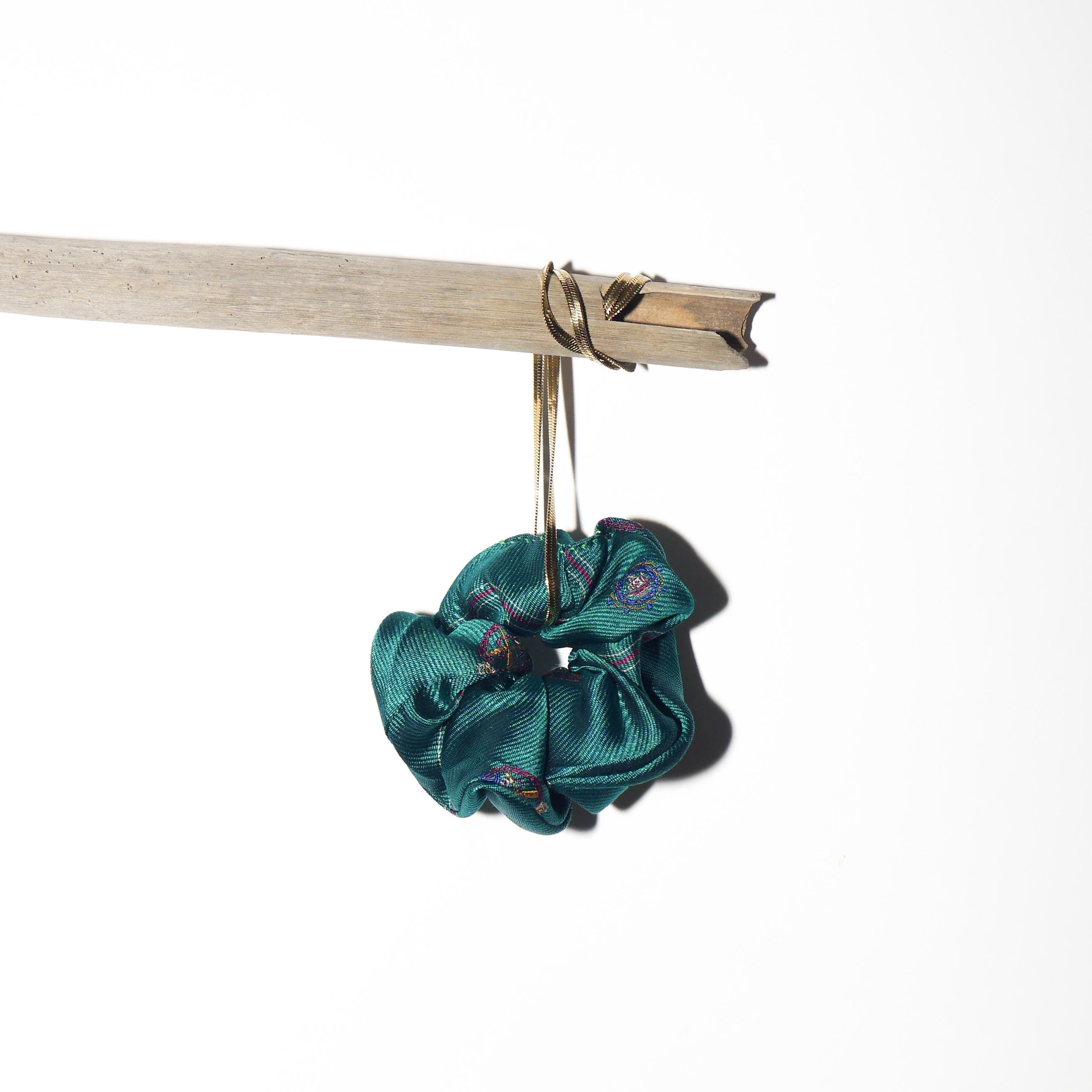 Handmade 100% Silk Scrunchie from Vintage 1980s Tie by MODOPOL - Green in Red Stripes by Van Gils