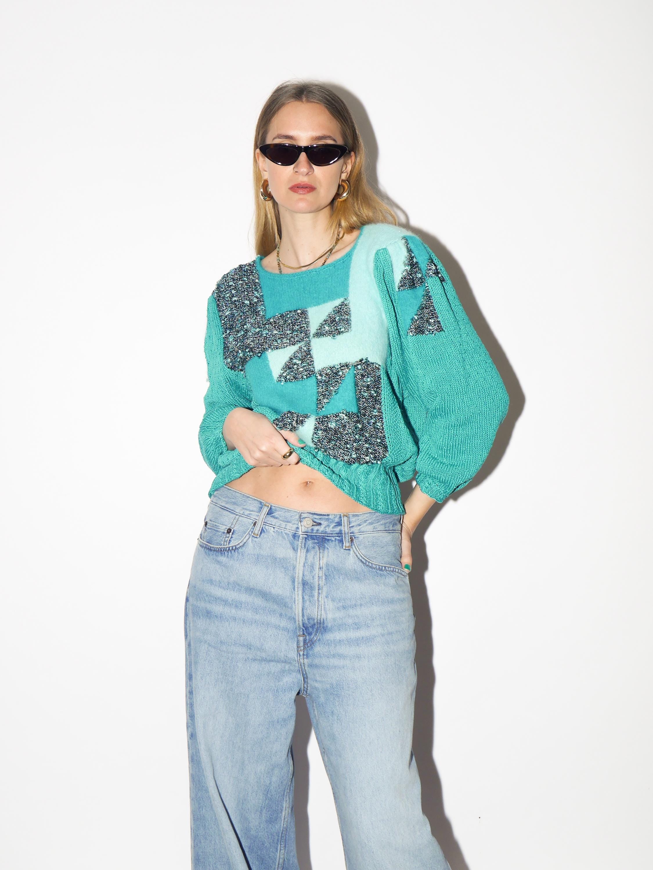 VINTAGE Blue Metallic Sweater from 1980s | Oversized Knit Fluffy Sweater