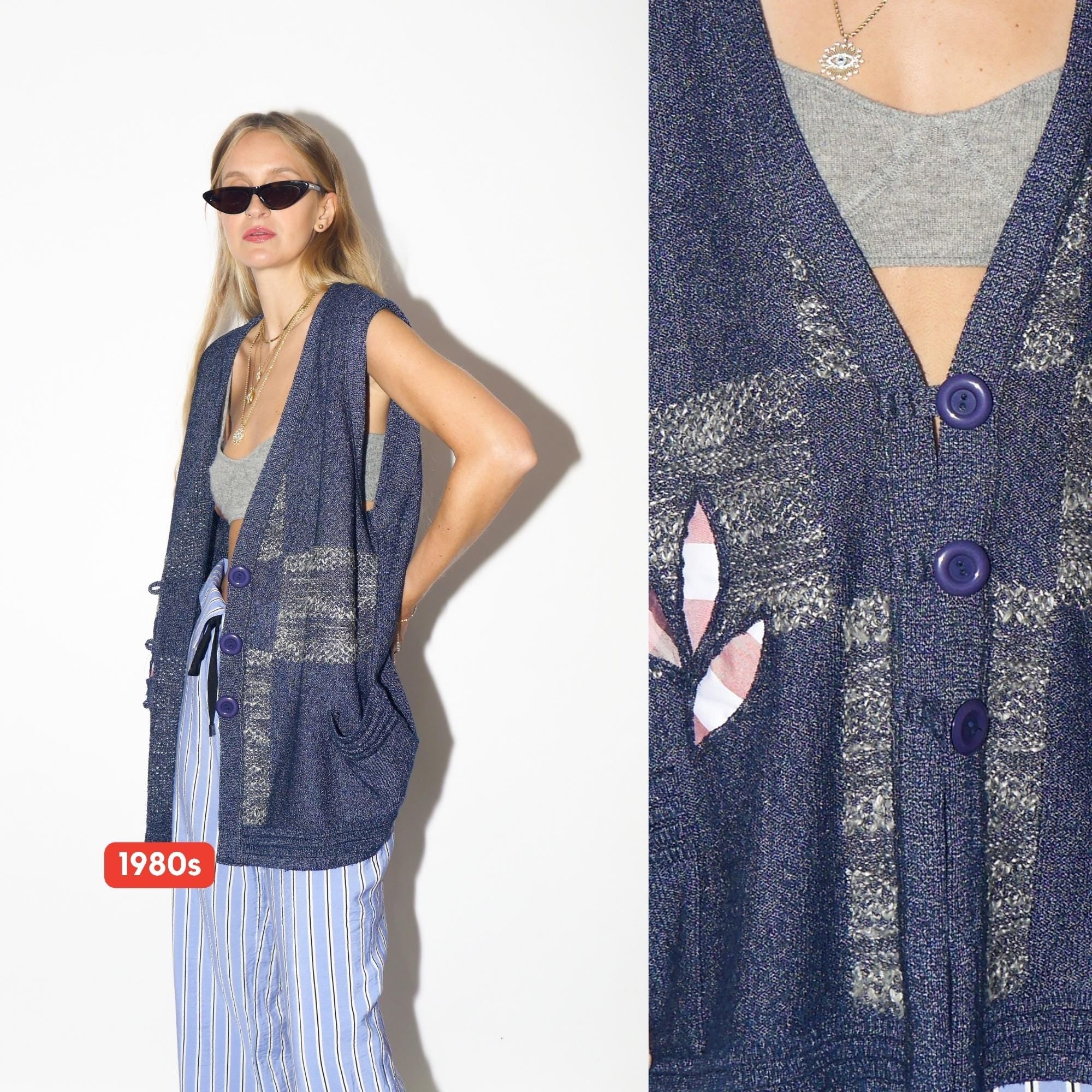 VINTAGE Blue Cottagecore Knitted Oversized Vest With Floral Pockets From The 1980s