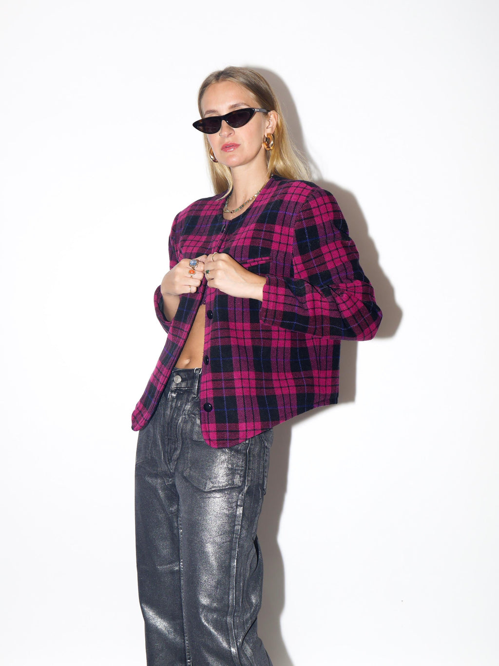 VINTAGE Wool Magenta And Black Checked Asymmetric Blazer With Shoulder Pads From The 1980s By City Design