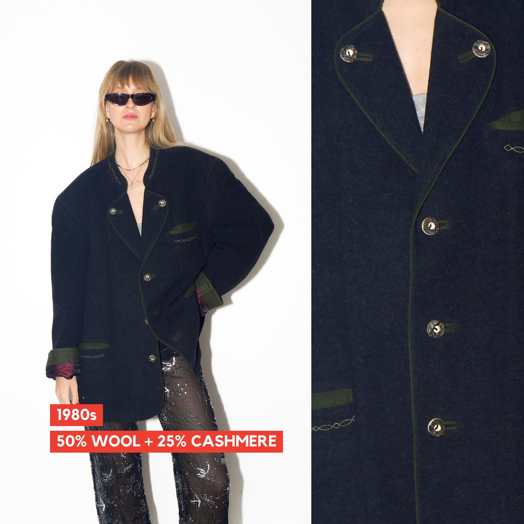 VINTAGE Dark Grey Cashmere Blend Folk Blazer With Green Embroidery From The 1980s