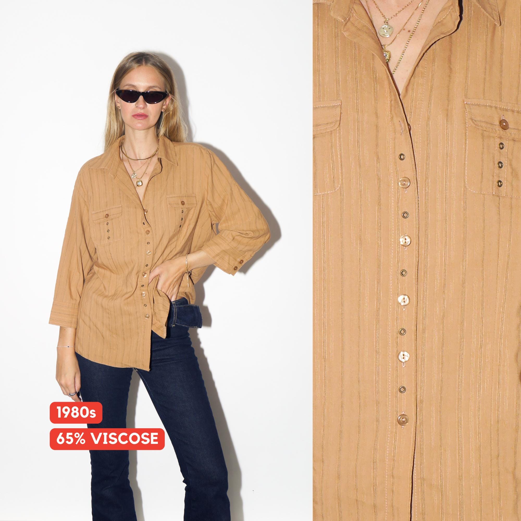 VINTAGE Brown Striped Viscose Three-Quarter Sleeve Shirt With Decorative Buttons From The 1980s