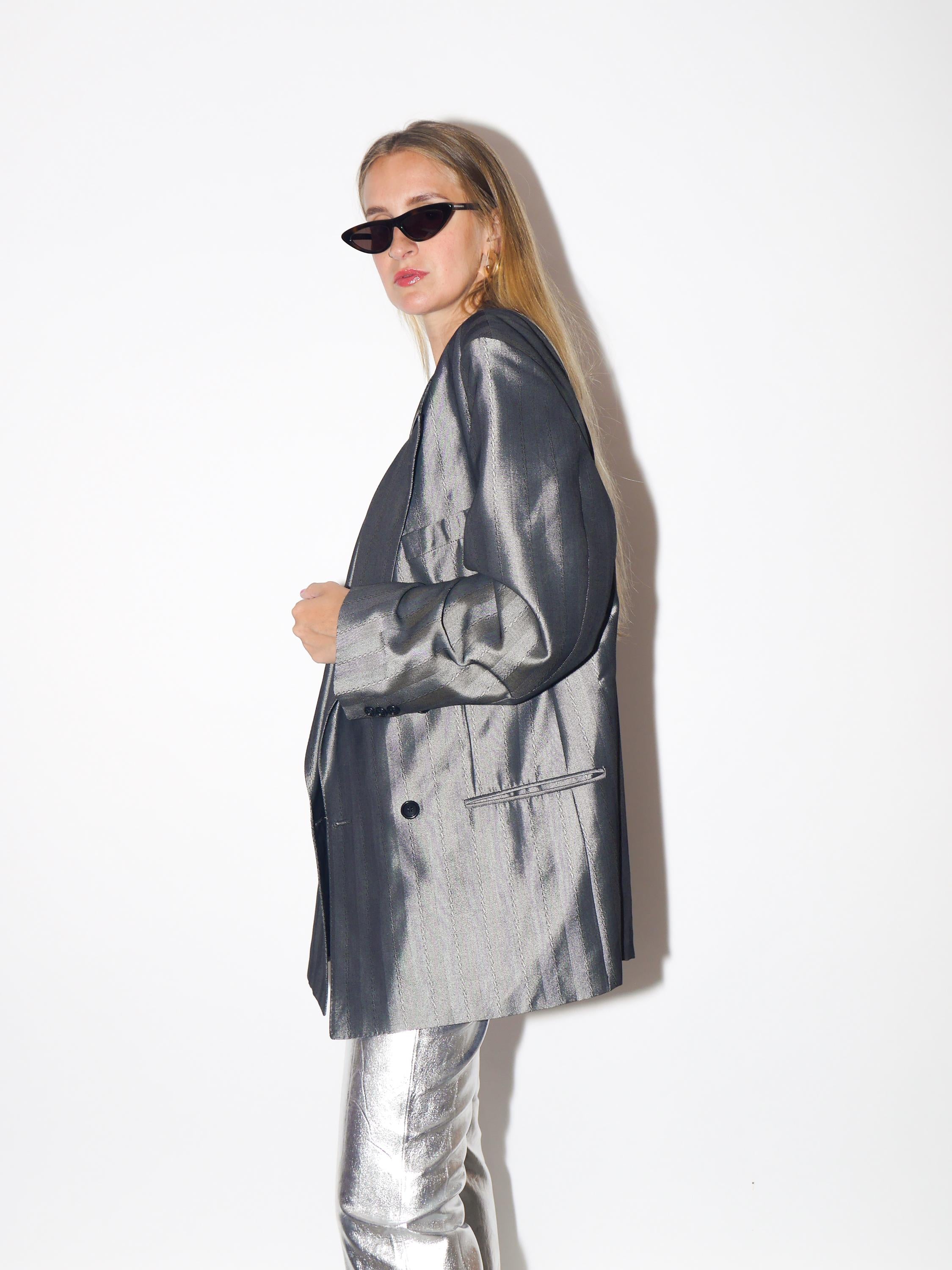 VINTAGE Wool Silver Striped Oversized Double Breasted Blazer With Shoulder Pads From The 1980s By Ceremonia