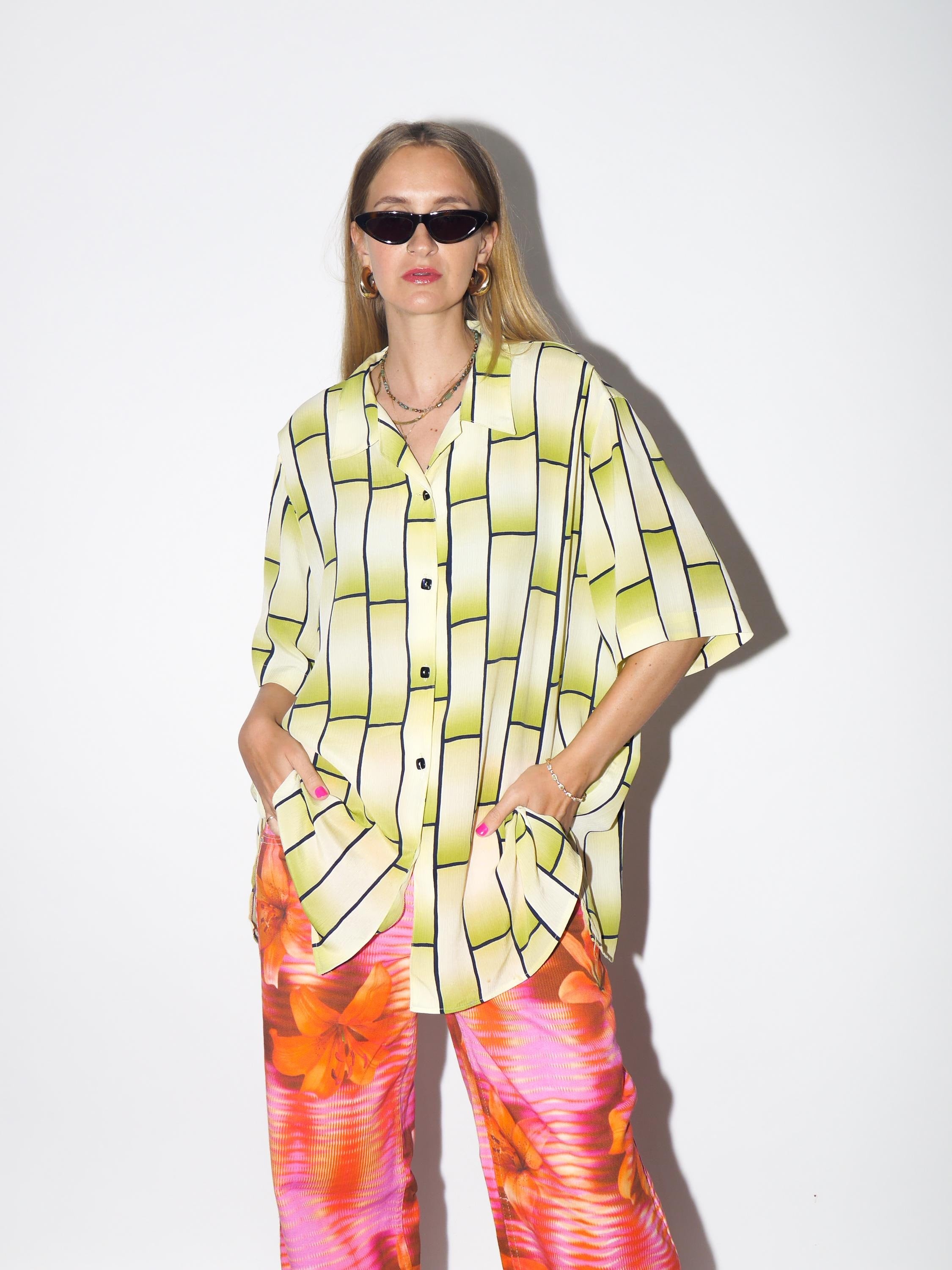 VINTAGE Yellow And Green Check Oversized Shirt With Square Buttons And Collar From The 1980s By Seidel Moden