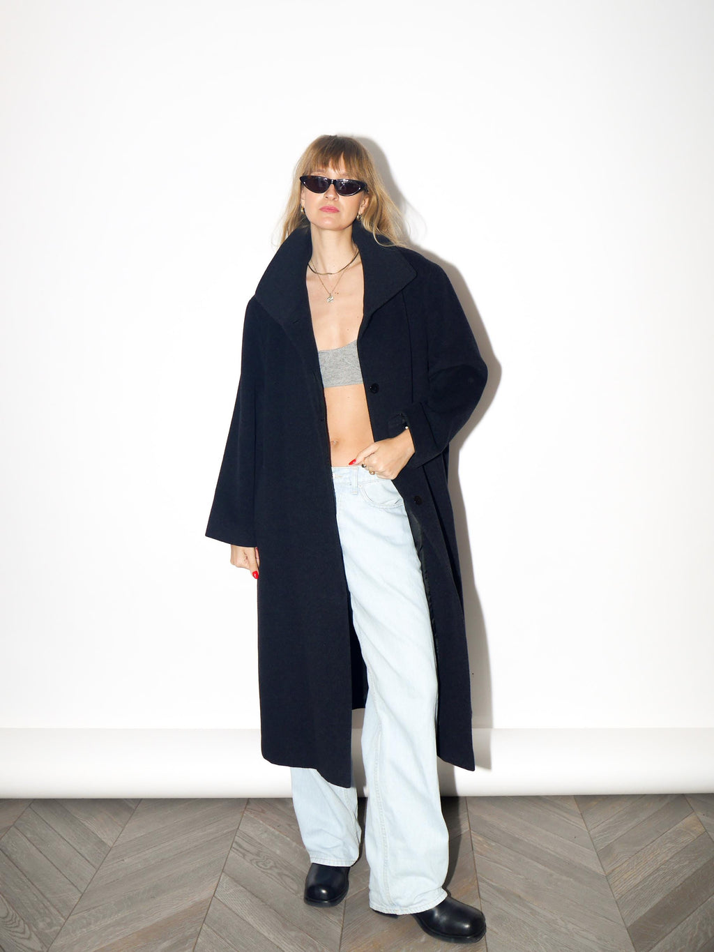 VINTAGE Black Wool And Angora Maxi Coat With Stand Collar From The 1980s By Marco Brunetti