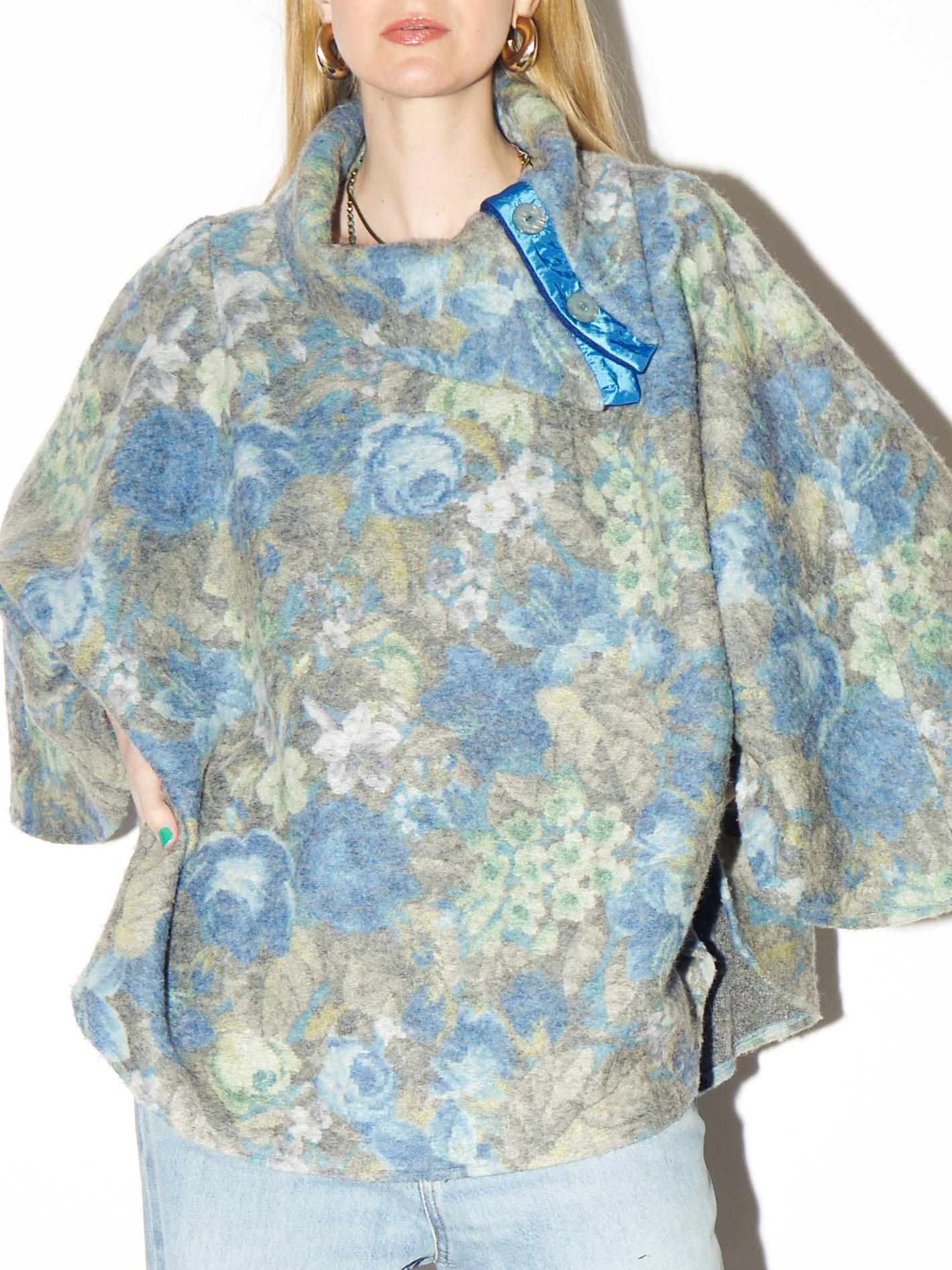VINTAGE Blue 100% Wool Poncho with Floral Pattern | Handmade Warm Retro Poncho